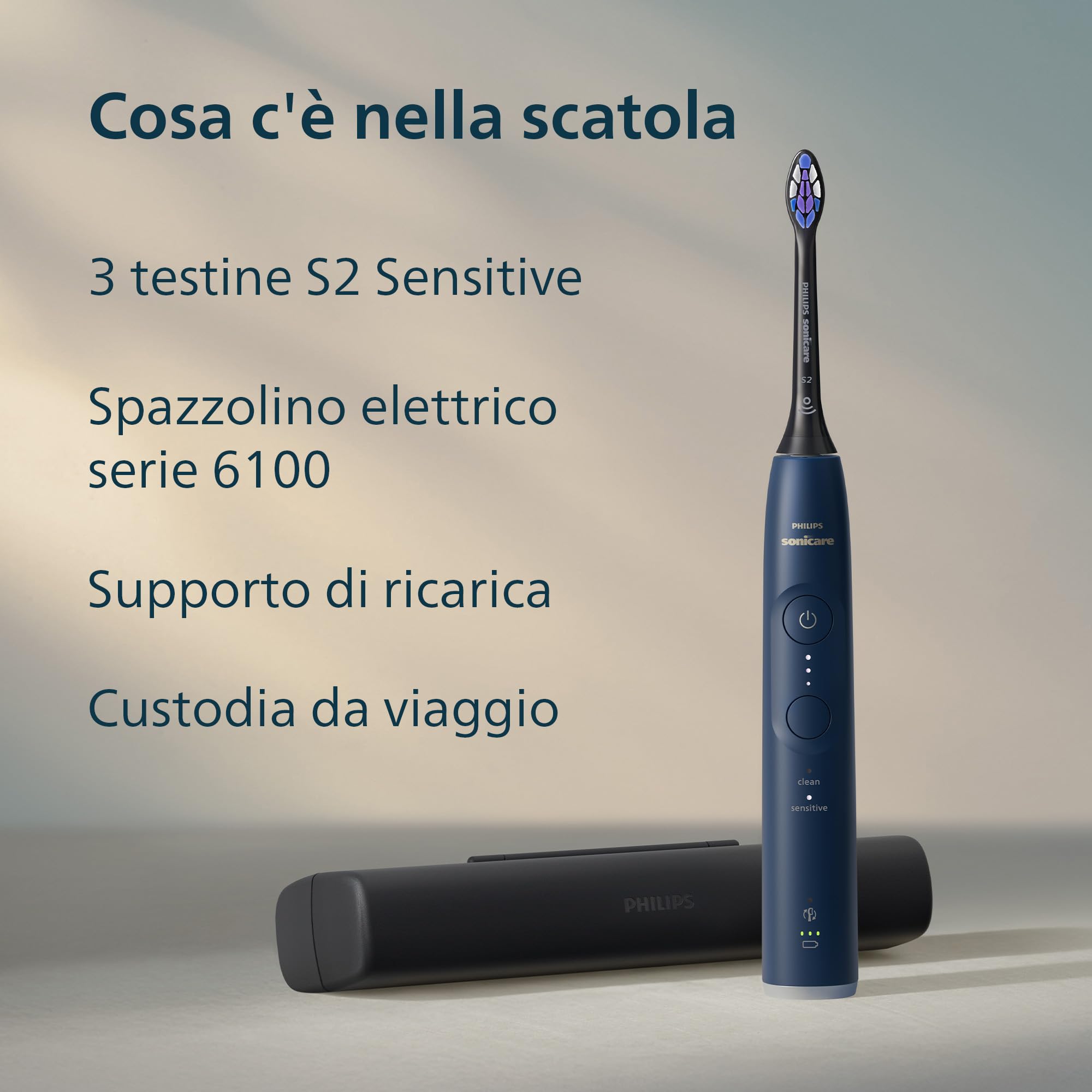 Spazzolino elettrico Philips Sonicare serie 6100 - tecnologia Next Generation Sonicare, sensore di pressione, 6 impostazioni, SmarTimer, BrushPacer, autonomia 21 giorni, custodia, blu navy, HX7403/07