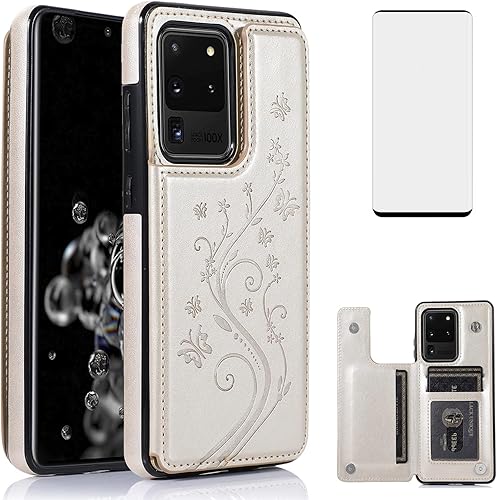 Funda de teléfono para Samsung Galaxy S20 Plus Glaxay S20+ 5G con protector de pantalla de vidrio templado y tarjetero, funda de piel con tapa para