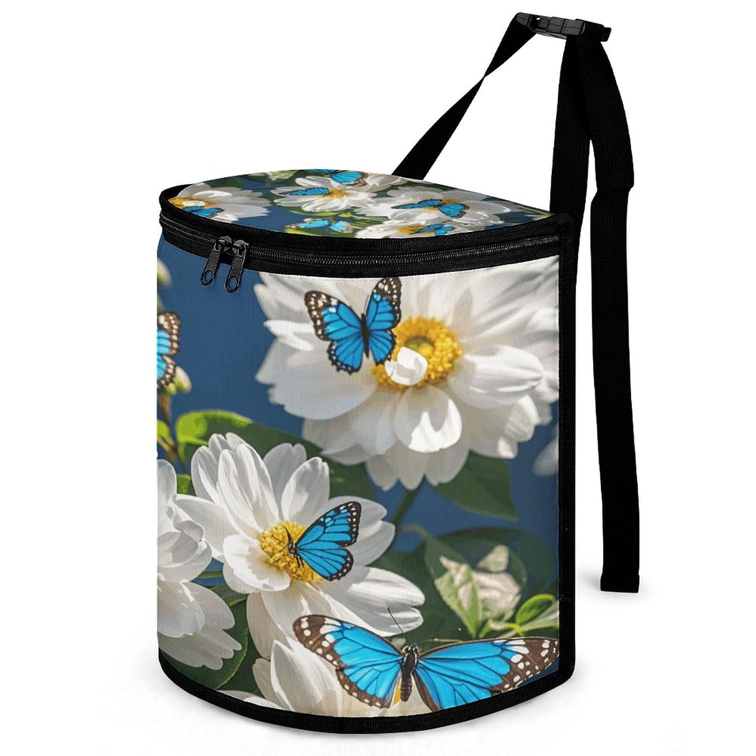 White Blooms Blue Butterflies Car Trash Can Bin Bag Waterproof Car Garbage Can Bag Trash Can for Car Car Trash Can for Women Men Garbage Can for Car Car Trash Can with Lid Trash for Car Trucks Rvs