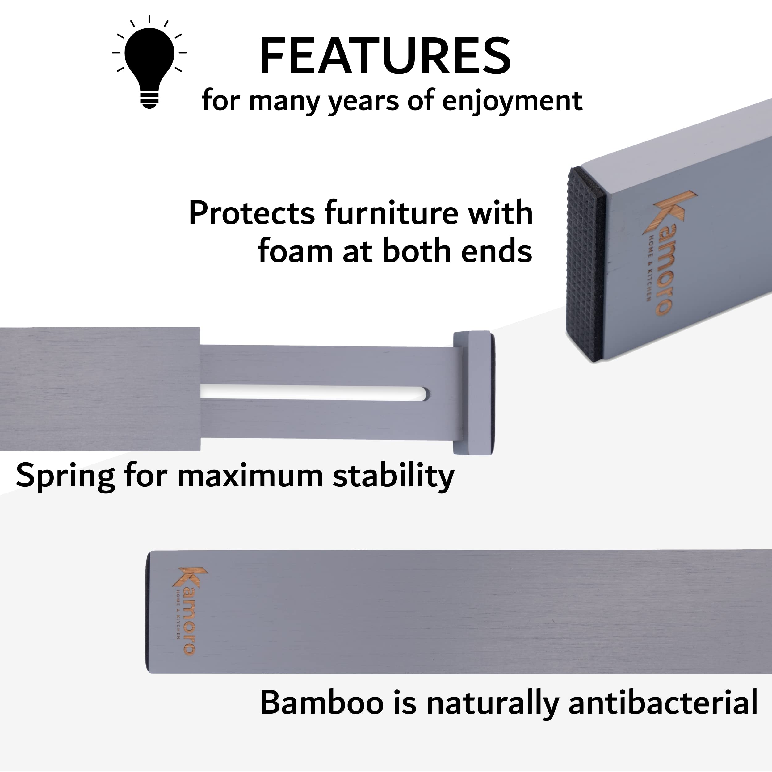 Natural Bamboo Drawer Dividers - Spring Loaded for Firm Hold - Furniture Protection Ends [Set of 4] - Adjustable from 45 to 57 cm - Grey — view 4