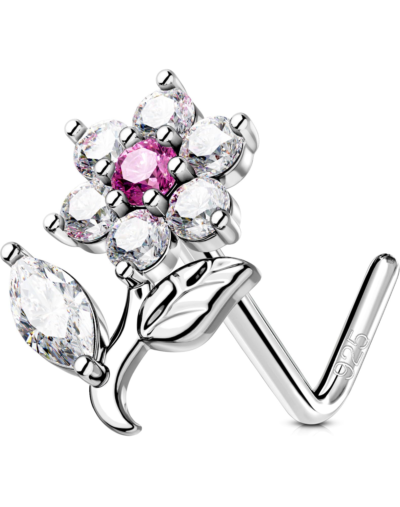 OUFER 20G Blume Nasenpiercing Silber 925 Klar CZ Nostril Piercing Ring L Form Nasenring 7 mm Nasenstecker Nasenpiercing Schmuck Nose Ring für Damen