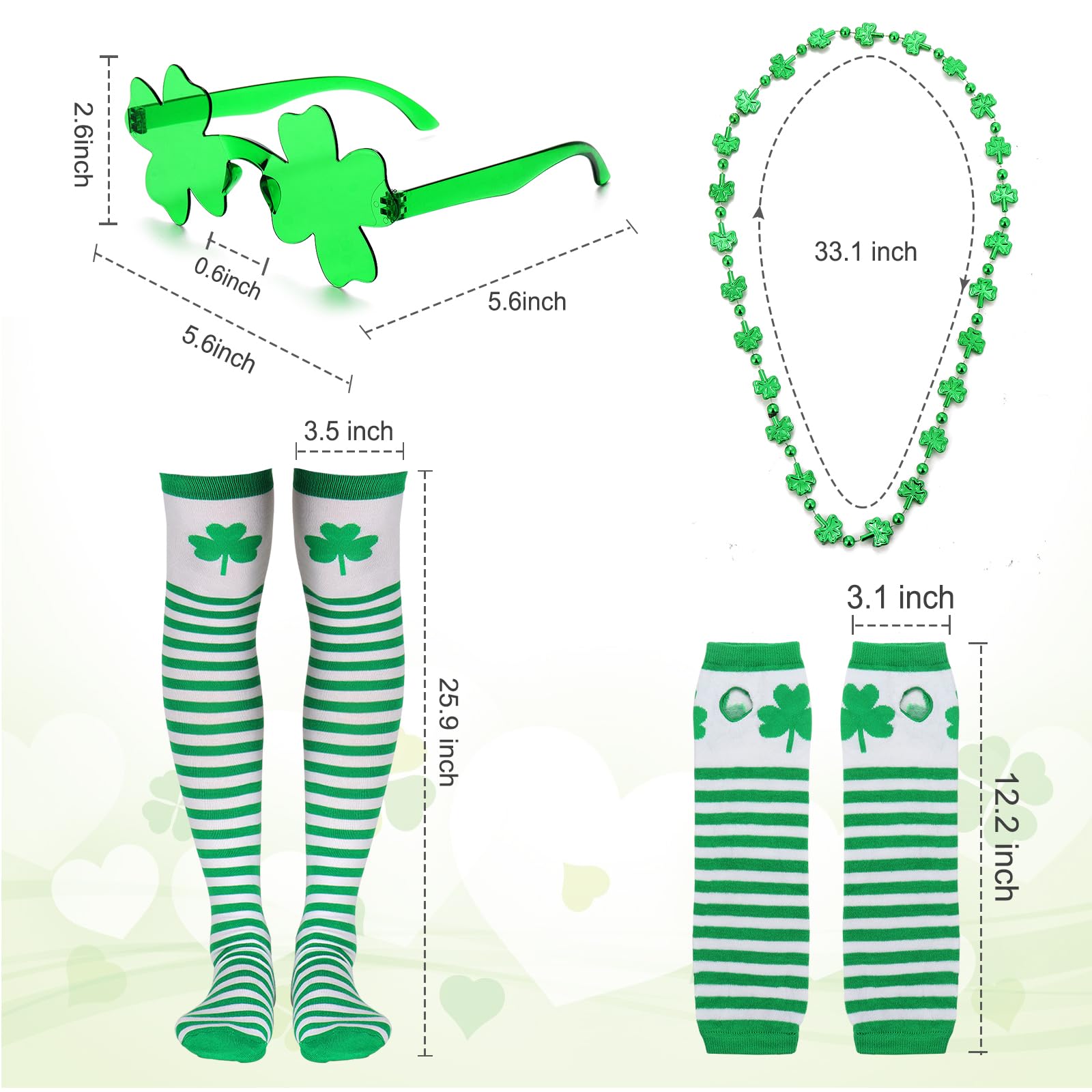 Erogeen St. Patrick's Day Costume Accessories for Women Green Striped Socks Arm Warmer Tutu Skirt Shamrock Headband Necklace Glasses (Green) - Image 3