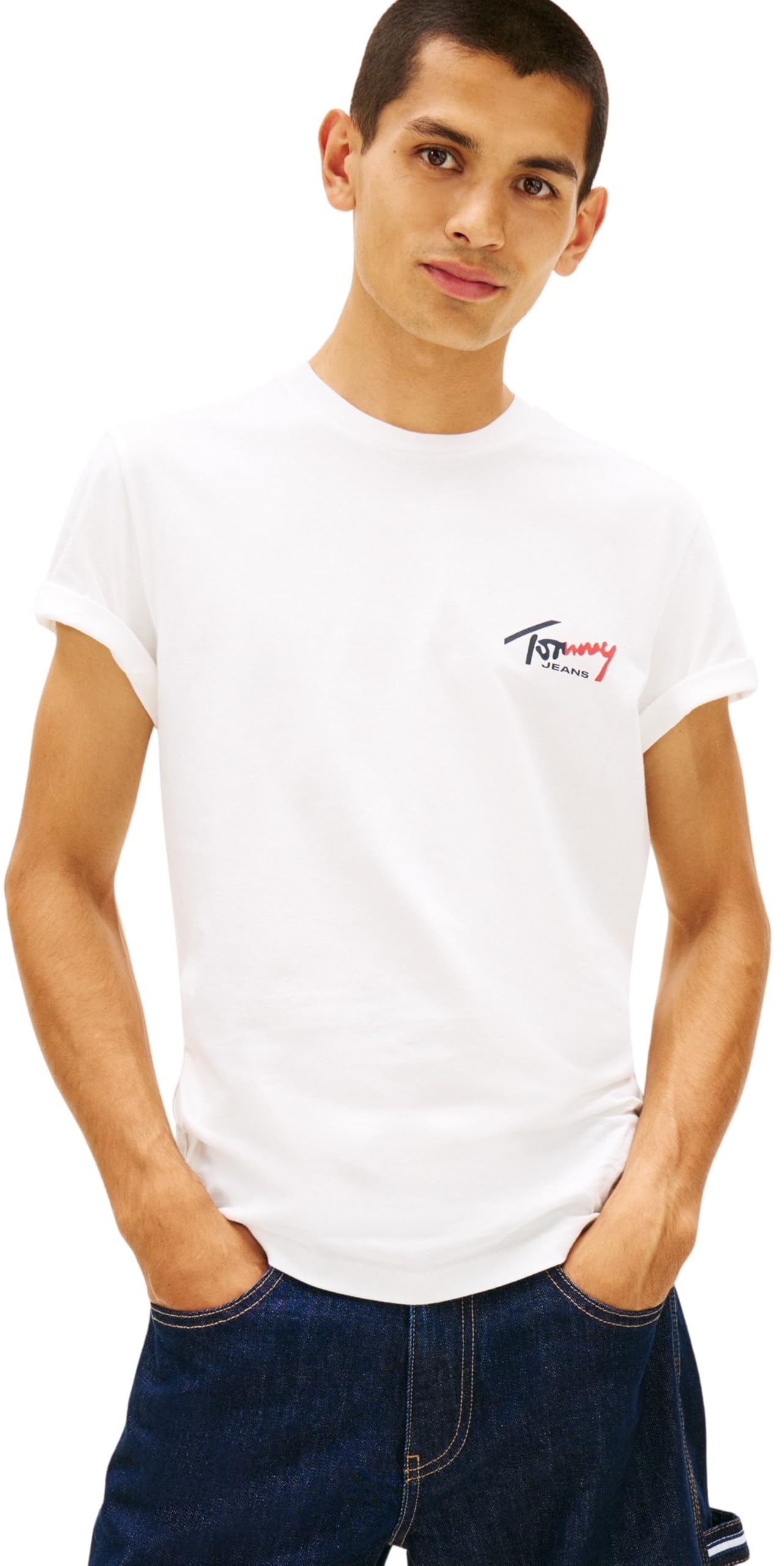 Tommy Jeans Men’s T-Shirt Short Sleeve Slim Sign Chest with Logo, White (Ecru), XL