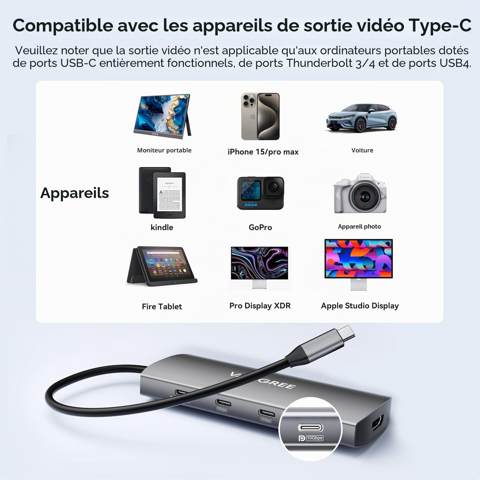 VANGREE 9-en-1 USB C Hub 10Gbps, 4K@60Hz USB-C Display, 100W PD | 3x USB-C & 2x USB-A 3.2, 4K@60Hz HDMI, SD/TF, SST & MST, pour MacBook, iPad, Dell, Surface, Samsung DEX