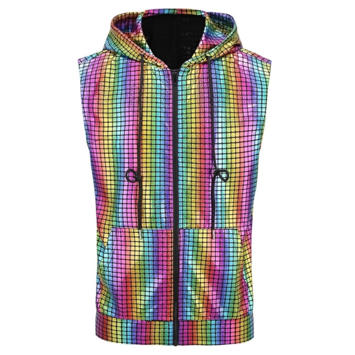 Gilet capuche brillant pour homme, T-shirt sans manches fermeture éclair avec paillettes métalliques et poche kangourou, Chemise de fête paillettes brillantes, disco des années 70-80 pour nightclub