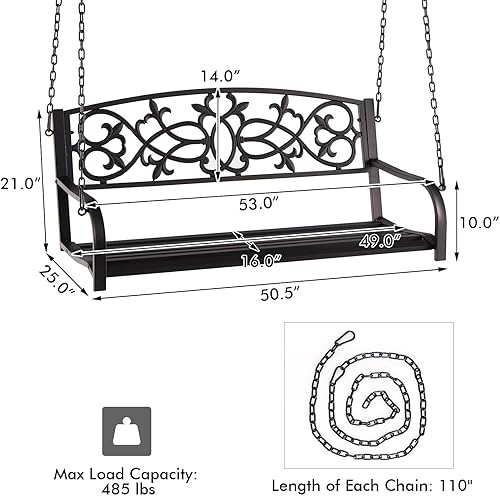 Miniatura 4 de Tangkula Columpio de porche para 2 personas, banco colgante de patio con cadenas, respaldo y reposabrazos, silla clásica de metal para exteriores
