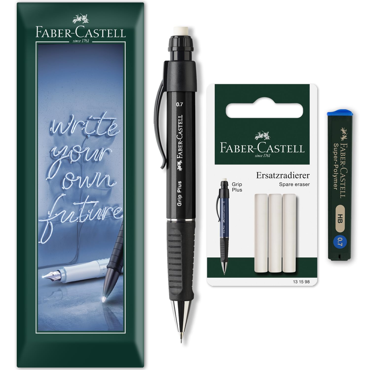 Faber-Castell Grip Plus Mechanical Pencil + 12 x 0.7mm HB Refill Leads + Eraser Refills in Envelope Packaging - Black Barrel