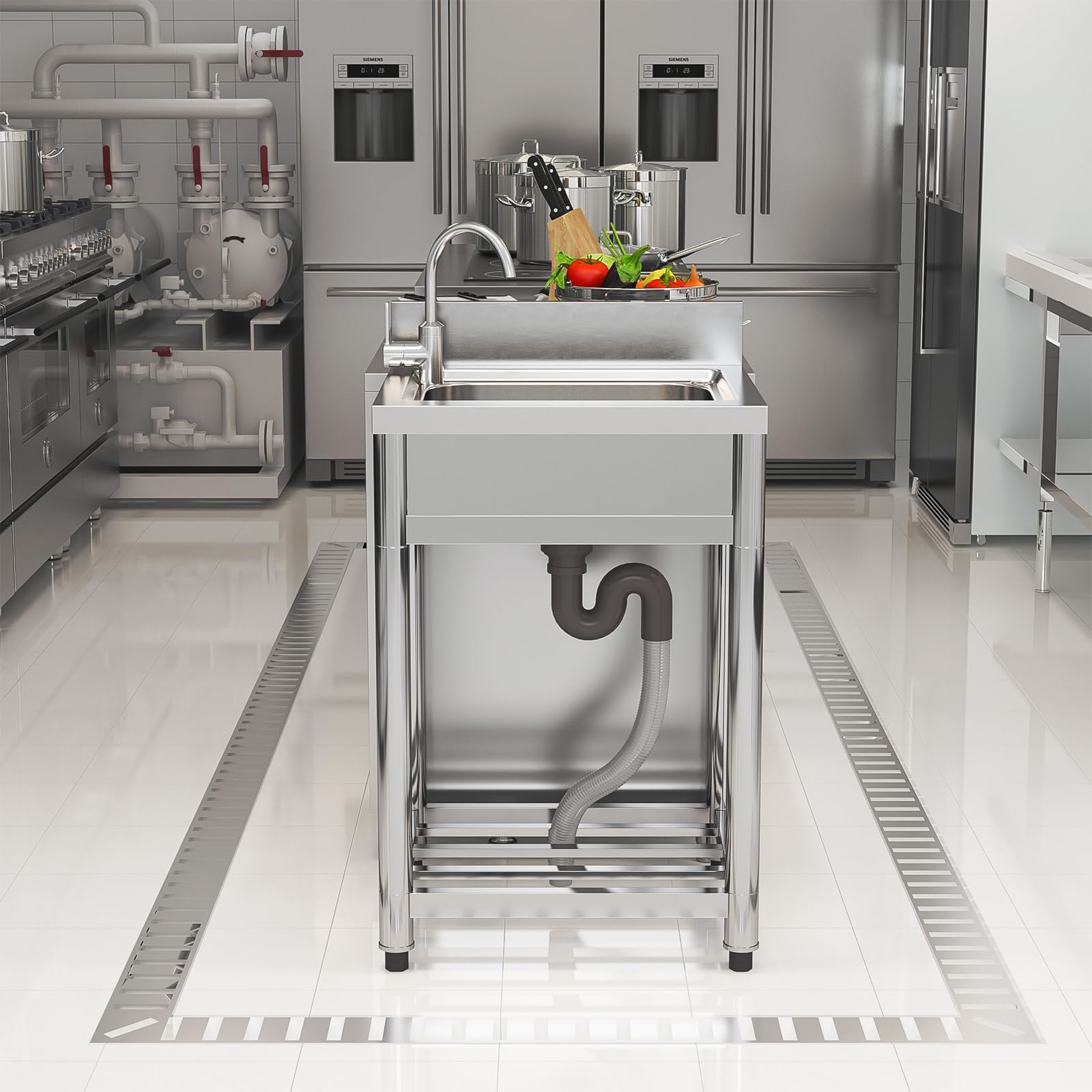 Lavello da cucina in acciaio inox, per ristorante, con scarico e ripiano portaoggetti, lavello per catering con foro per rubinetto, lavello da esterno autoportante per cucina (senza rubinetto)