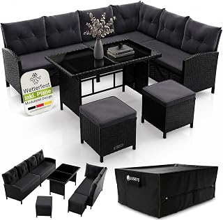 Juskys® Polyrattan Lounge Manacor mit Ecksofa, Esstisch, 2 Hocker & Kissen inkl. Abdeckung - wetterfest bis 7 Personen - Bezüge waschbar - Rattan Garten Sitzgruppe Gartenmöbel Set - Schwarz/Grau