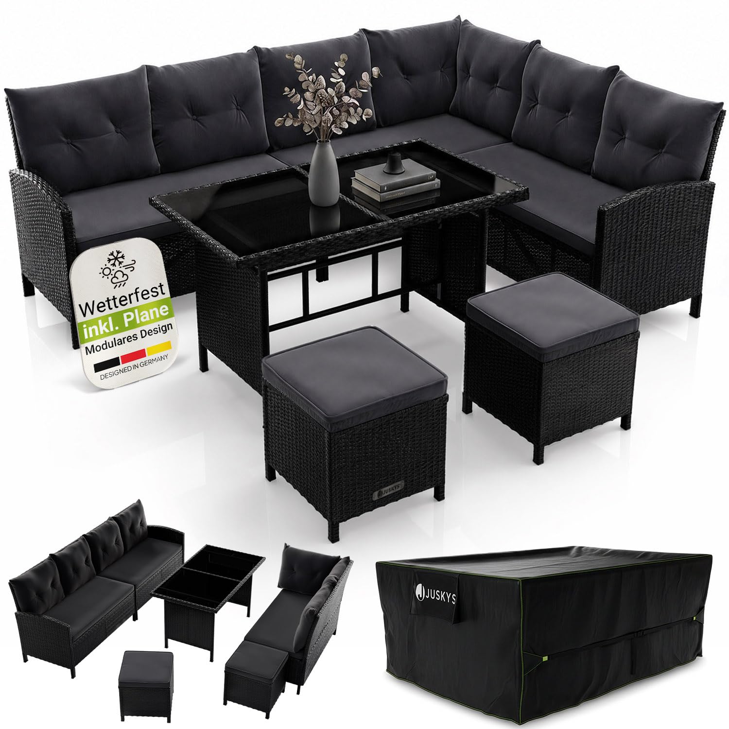 Juskys® Polyrattan Lounge Manacor mit Ecksofa, Esstisch, 2 Hocker & Kissen inkl. Abdeckung - wetterfest bis 7 Personen - Bezüge waschbar - Rattan Garten Sitzgruppe Gartenmöbel Set - Schwarz/Grau