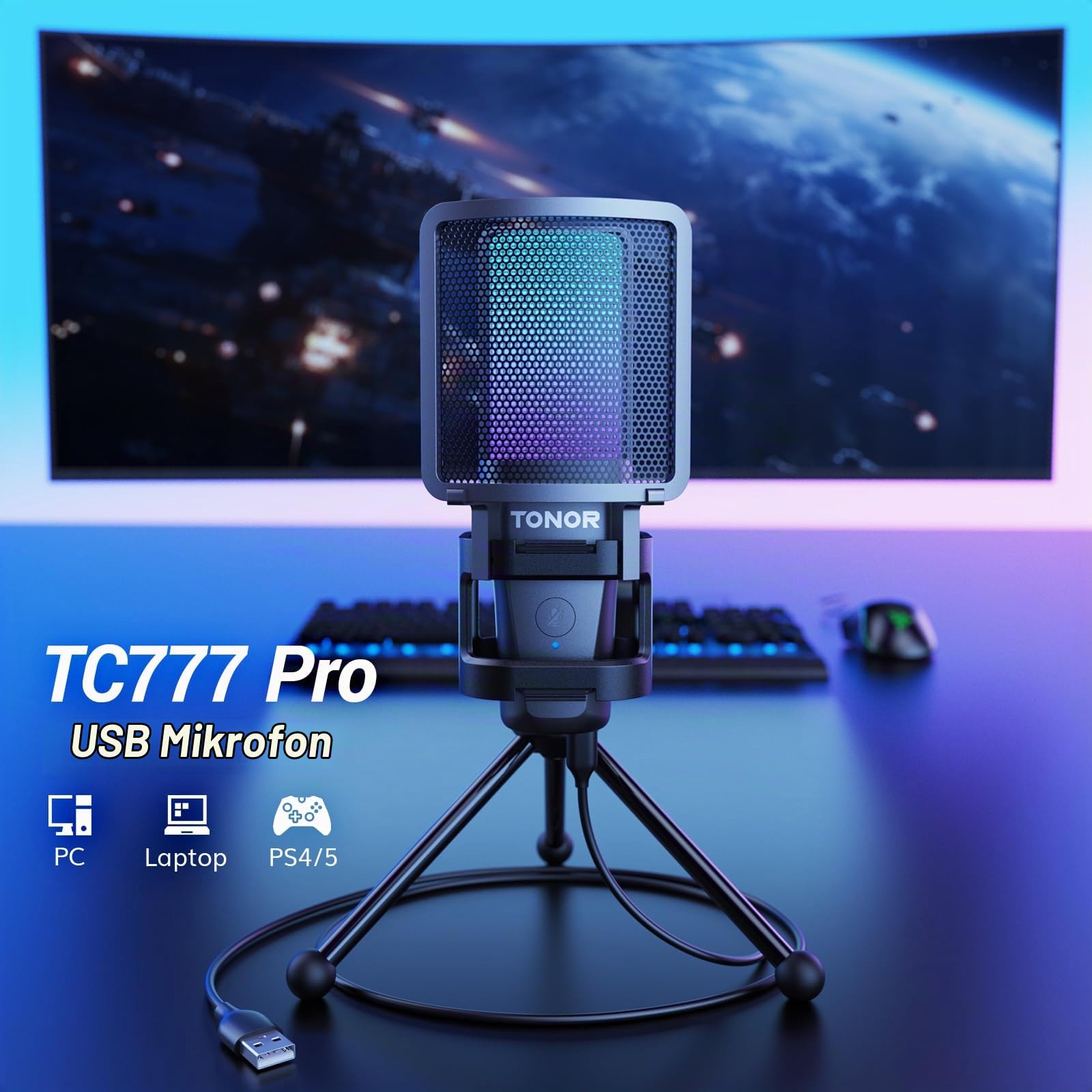 TONOR RGB Mikrofon PC USB Computer Gaming Standmikrofon, Nierencharakteristik Microphone mit Stativ Popschutz Tischmikro Mic Microfono mit Ständer für Game YouTube Konferenz Singen PS4 PS5, TC777 Pro
