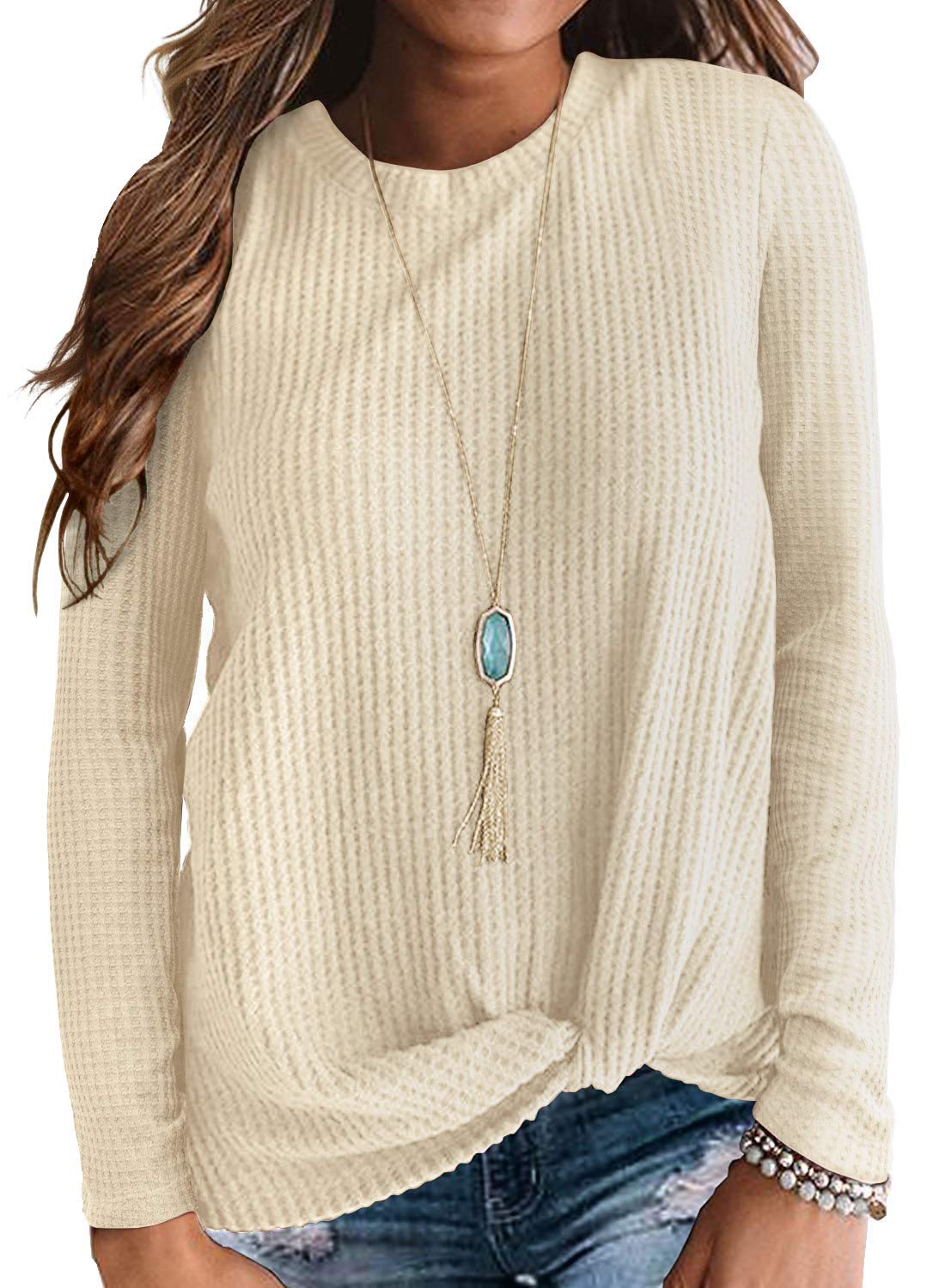 Womens Casual Tops Long Sleeve Cute Twist Knot Waffle Knit Shirts Loose Blouse