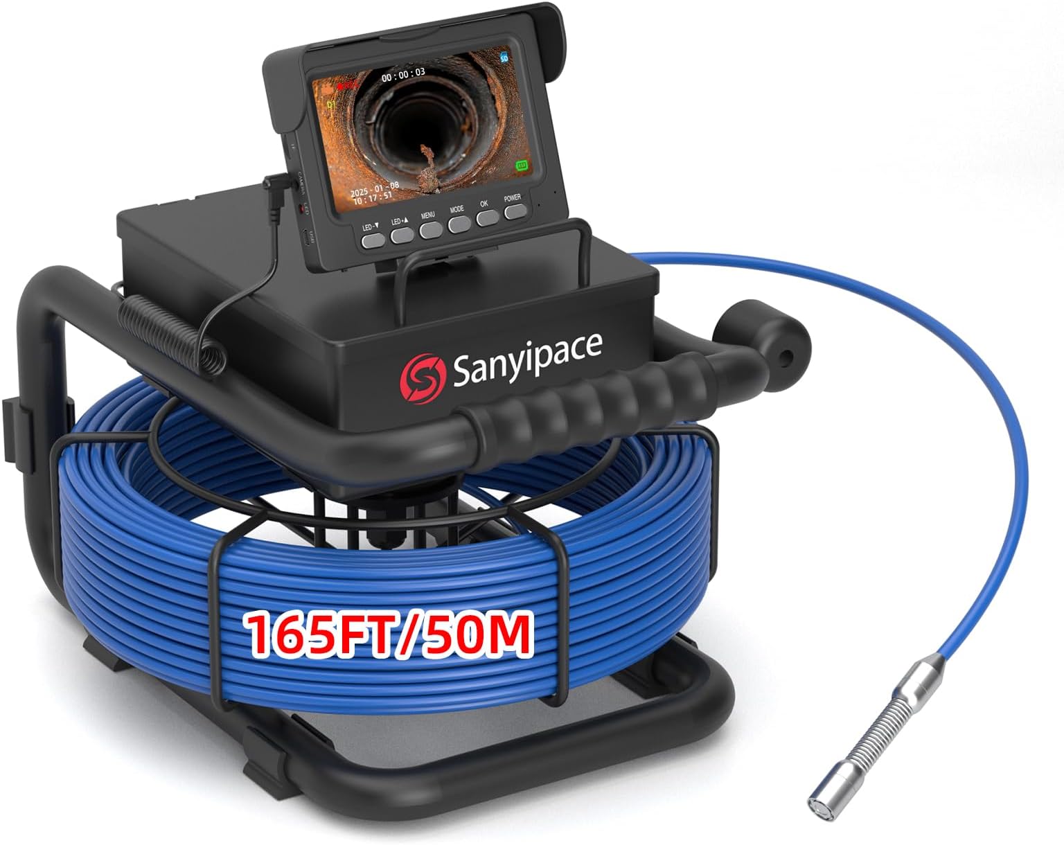 Sanyipace Sewer Camera 165FT/50M, 0.67in/17mm Pipe Inspection Camera with Light, 5600mAh Battery, Meter Maker, Mic & Speaker, 4.3" Screen, 8 LEDs, 1000TVL Plumbing Snake Camera, Included 32GB Card