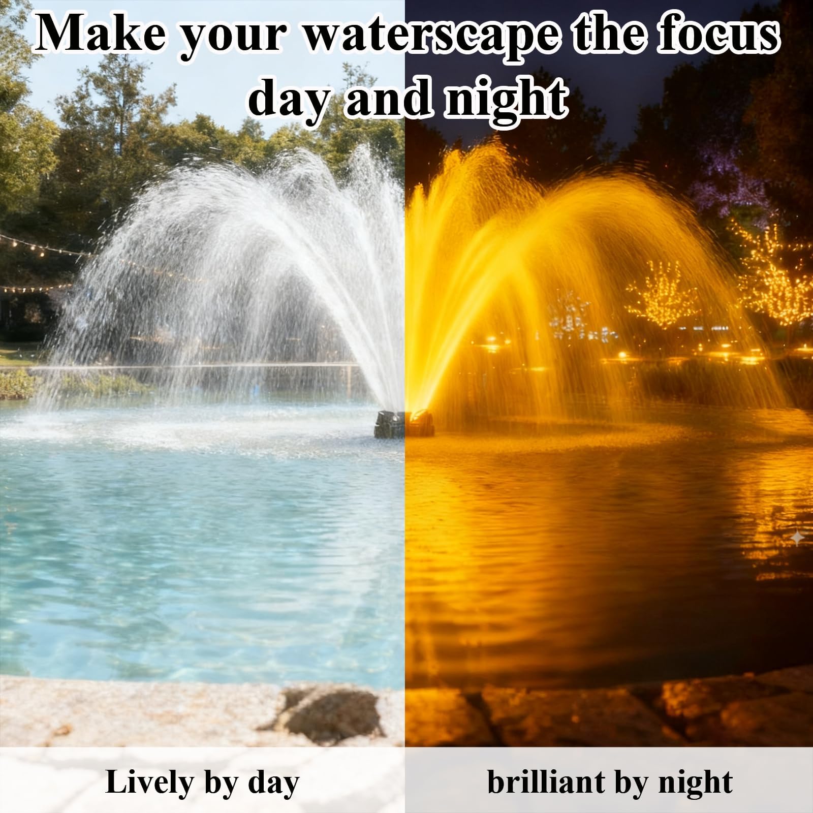 Teichbrunnenbelüfter mit Lichtern, 1 PS mit dynamischer RGB-Beleuchtung, einstellbaren Modi, digitaler Timer, für große Teiche, Seen und Wasserspiele im Freien, 15.000 GPH, 750 W 110 V, 30 m Kabel