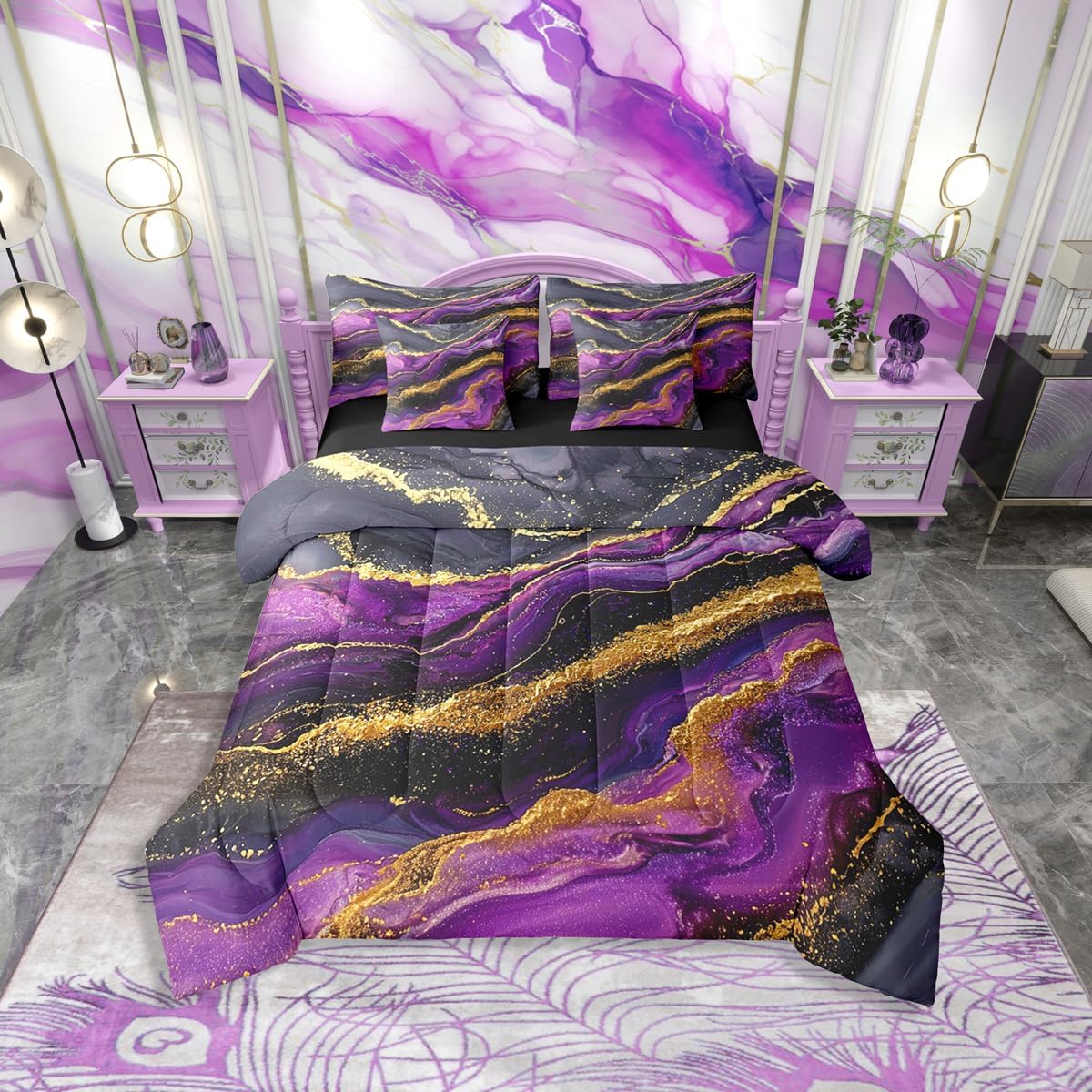 Erosebridal Purple and Gold Queen Comforter Set with Sheets | Purple Marble Grain Bed in A Bag, Gradient Marbling 7 Pieces Bedding Set, Golden Glitter Print Abstract Bed Sets for Teens Women Men