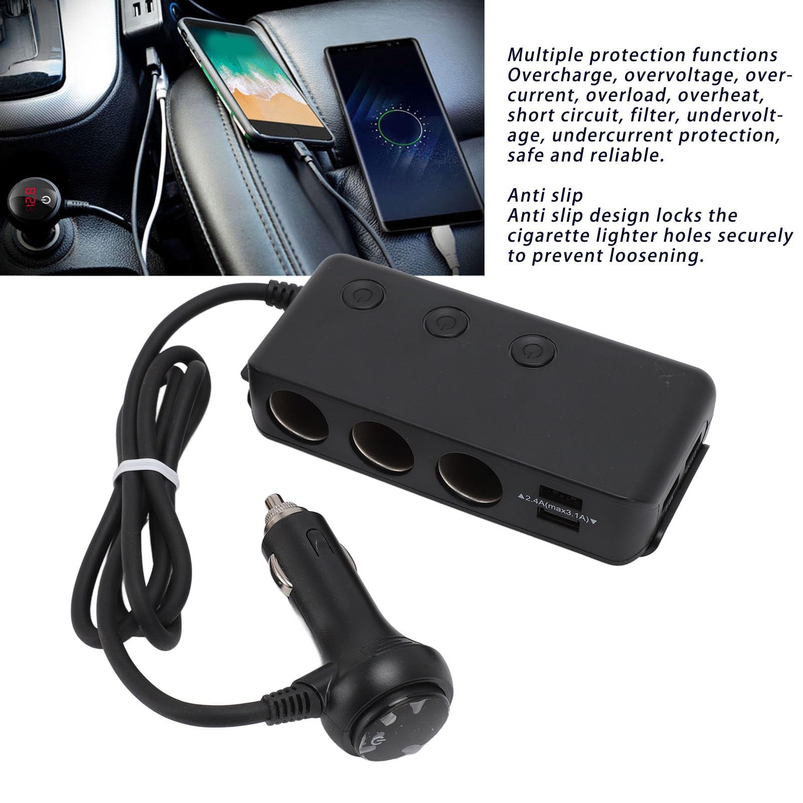 Cryfokt Splitter Presa Accendisigari Multifunzione 3 USB Ricarica Ad Alta velocità per Auto SUV Camion Fusibile 10A