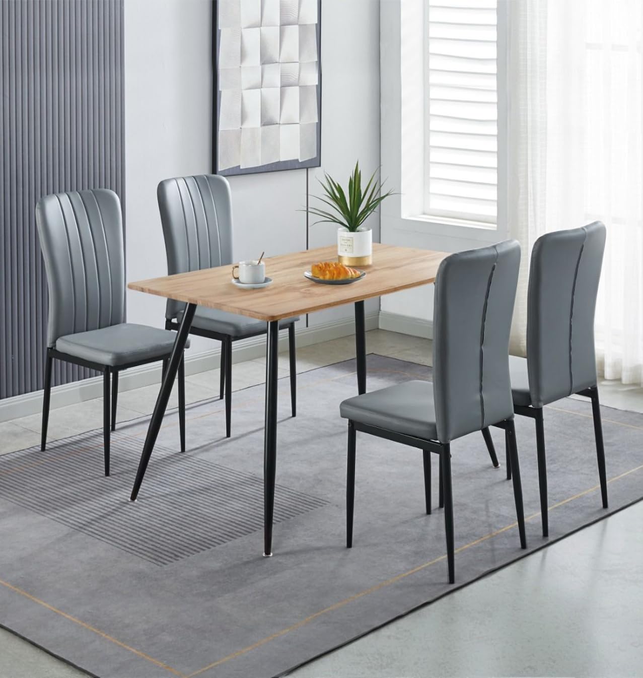 Hallowood Furniture Cullompton Small Dining Table and Chairs Set 4, Brown Oak Effect Rectangular Kitchen Table and Chairs in Grey Faux Leather Upholstery, Dining Set for Home, Office or Café