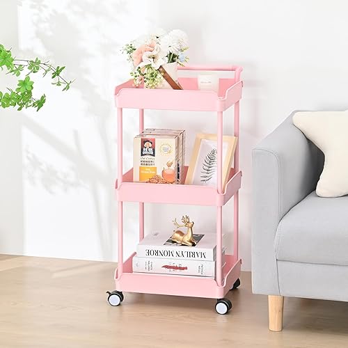 TOOLF Carrito con ruedas de 3 niveles, carrito utilitario con asa, carrito de almacenamiento multifunción fácil de montar con ruedas bloqueables,