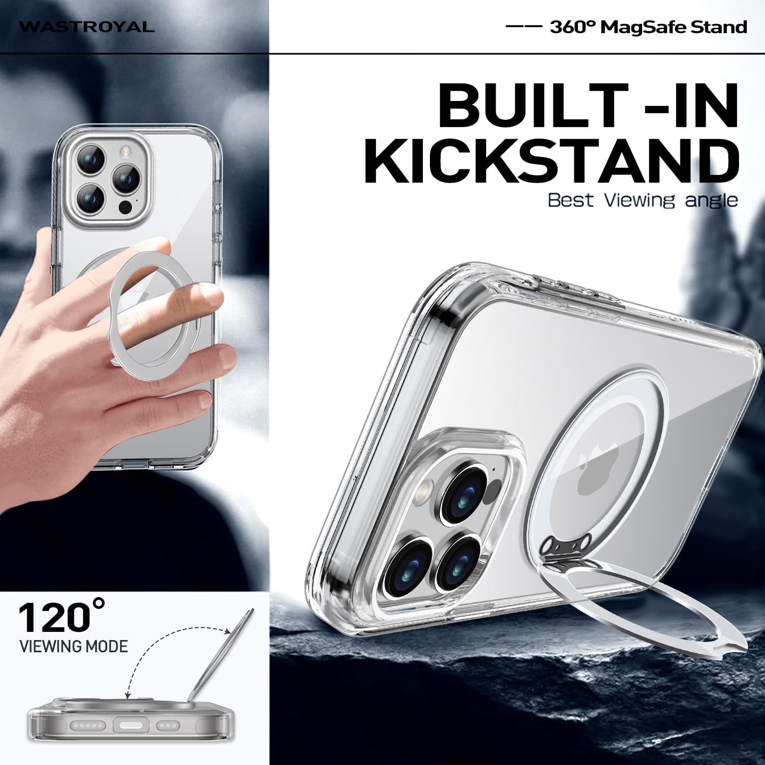 Privacy Case for iPhone 16 Pro Max with 360°Stand [Built-in Anti Peeping Screen Protector] [Compatible with MagSafe] [Magnetic Ring ] Full Body Protective Phone Cover 6.9", Clear - Image 4