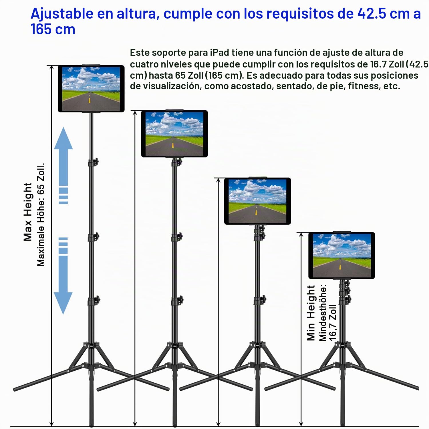 SAMHOUSING Trípode para Tablet y Smartphone de 4,5 a 13 Pulgadas, Altura Ajustable hasta 65 Pulgadas, Soporte para iPad Pro, iPhone y más