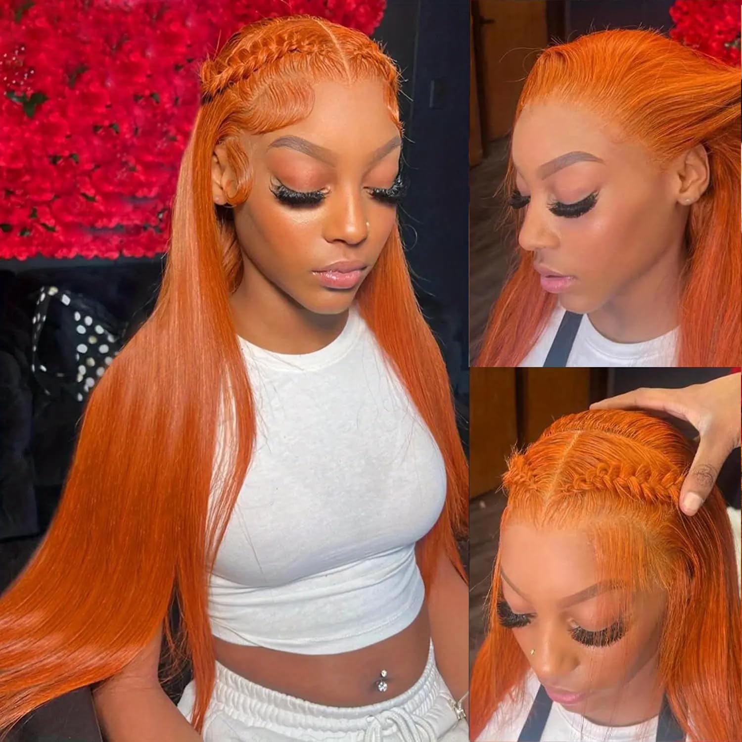22 Inch Ginger Orange Lace Front Wigs Human Hair Straight 13x4 Transparent Lace Frontal Wig for Women Glueless Wear and Go Ginger Wigs Human Hair 350# Colored Straight Wig - Image 2