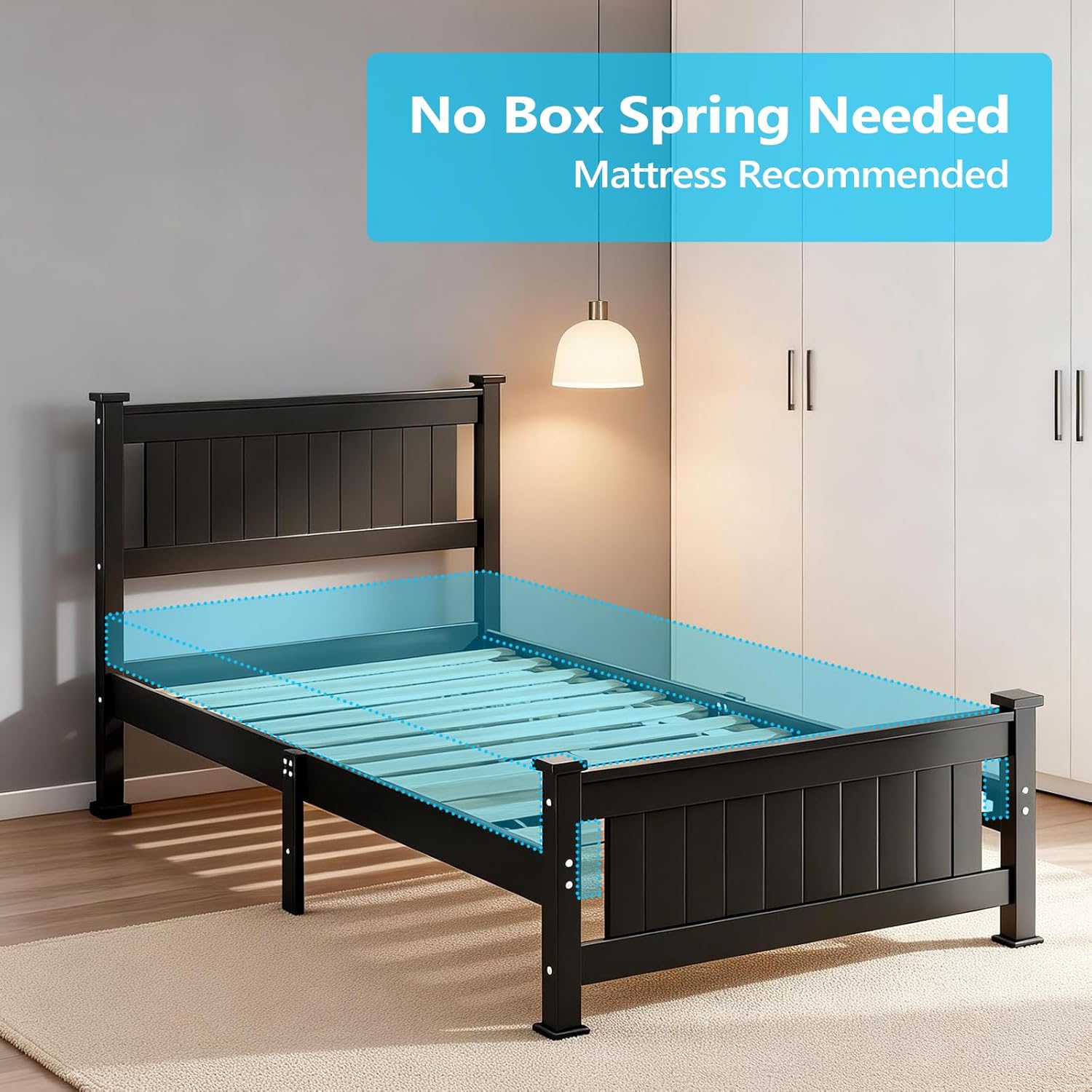 Bonnlo Twin Size Solid Wood Platform Bed Frame, Single Bed with Headboard, No Box Spring Needed Panel Bed, Wood Slat Support Mattress Foundation,Black - Image 4