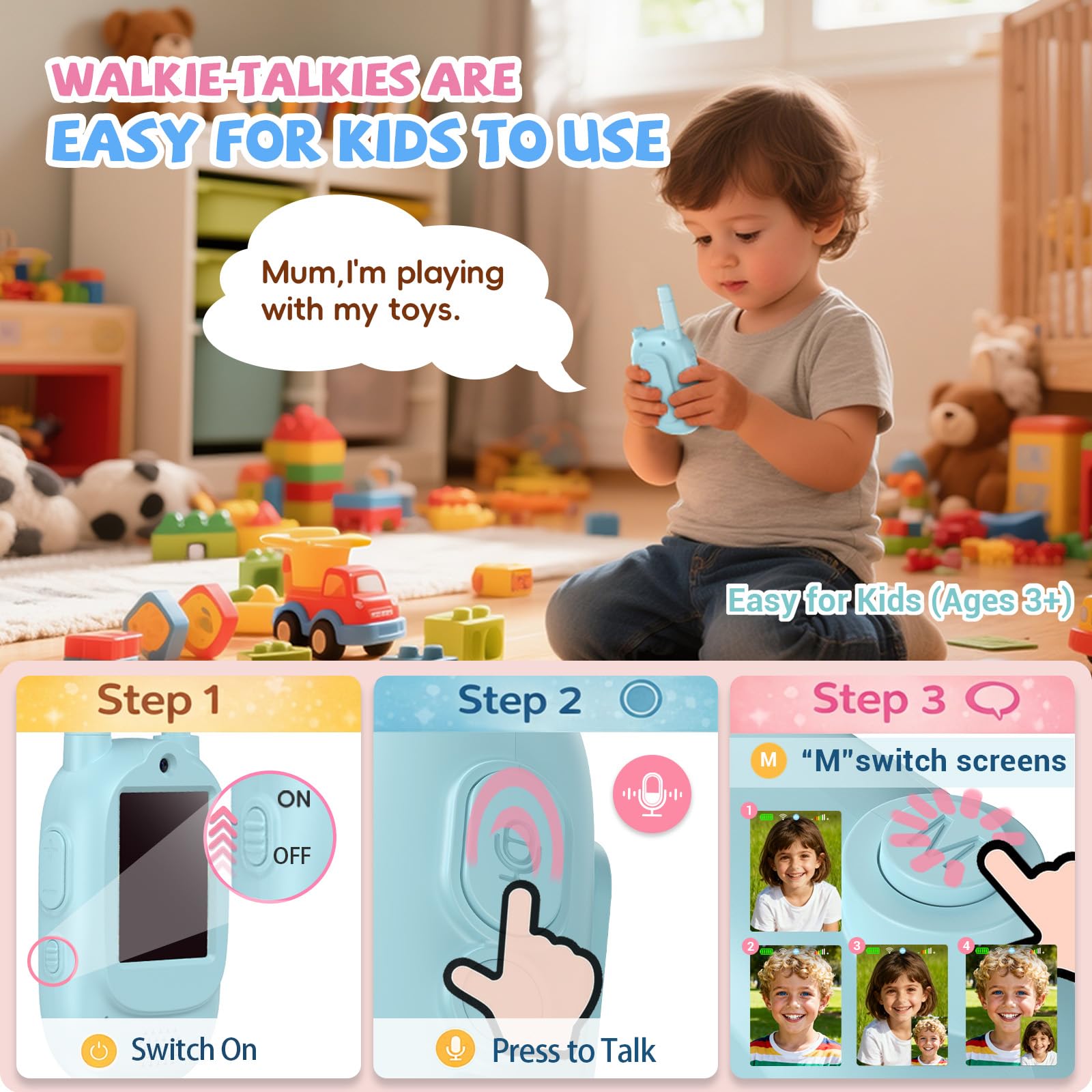 Talkie walkie vidéo pour Enfants, Cadeau pour Les garçons et Les Filles à partir de 3 Ans, Talkie-walkie Rechargeable, Jeux et Jouets pour Enfants, Coloris Rose et Bleu