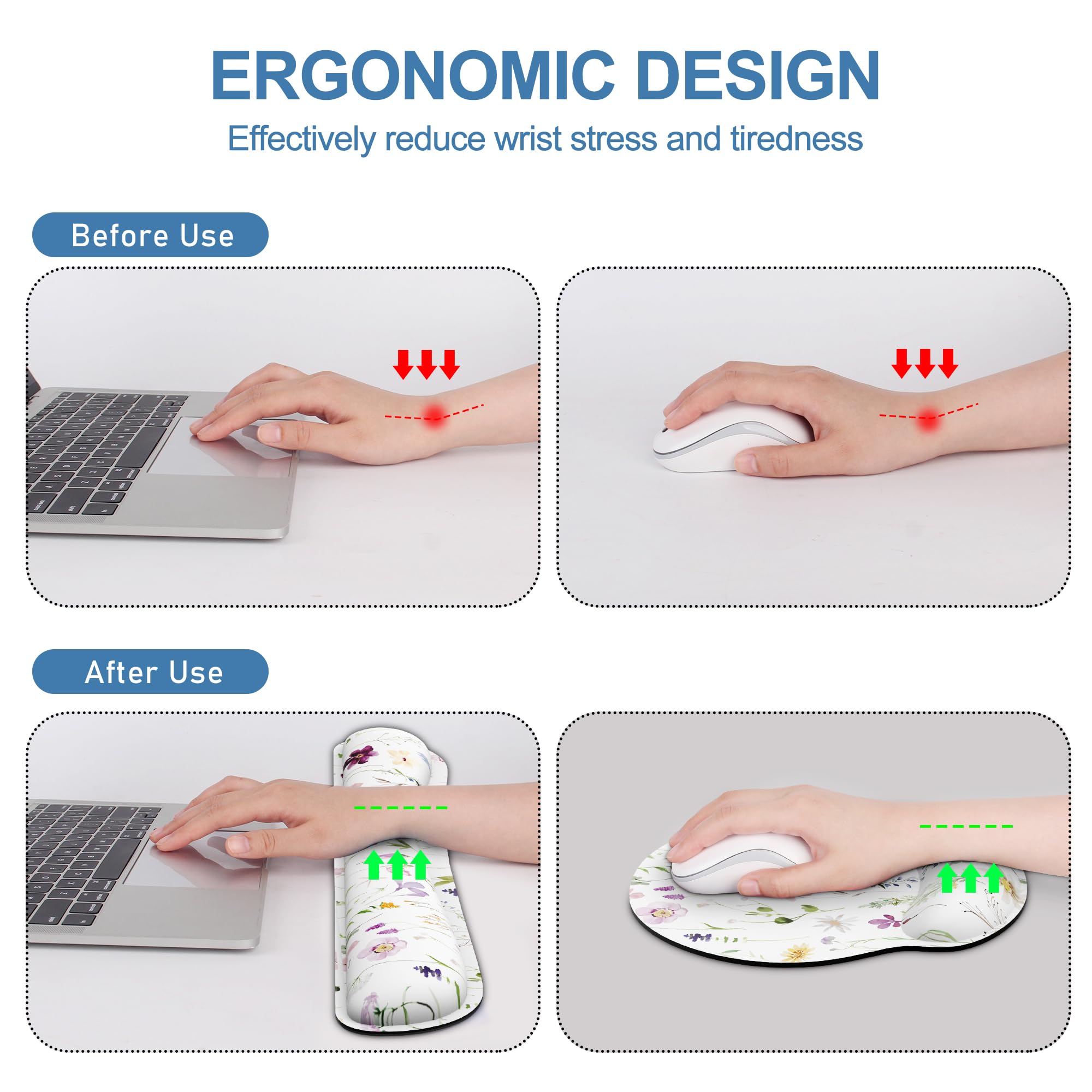 G JGOO Keyboard Wrist Rest, Ergonomic Mouse Pad with Wrist Rest and Coaster, Non-Slip Rubber Base Easy Typing and Relieve Wrist Pain, Mouse Pad with Wrist Support for Home, Office, Game - White Flower