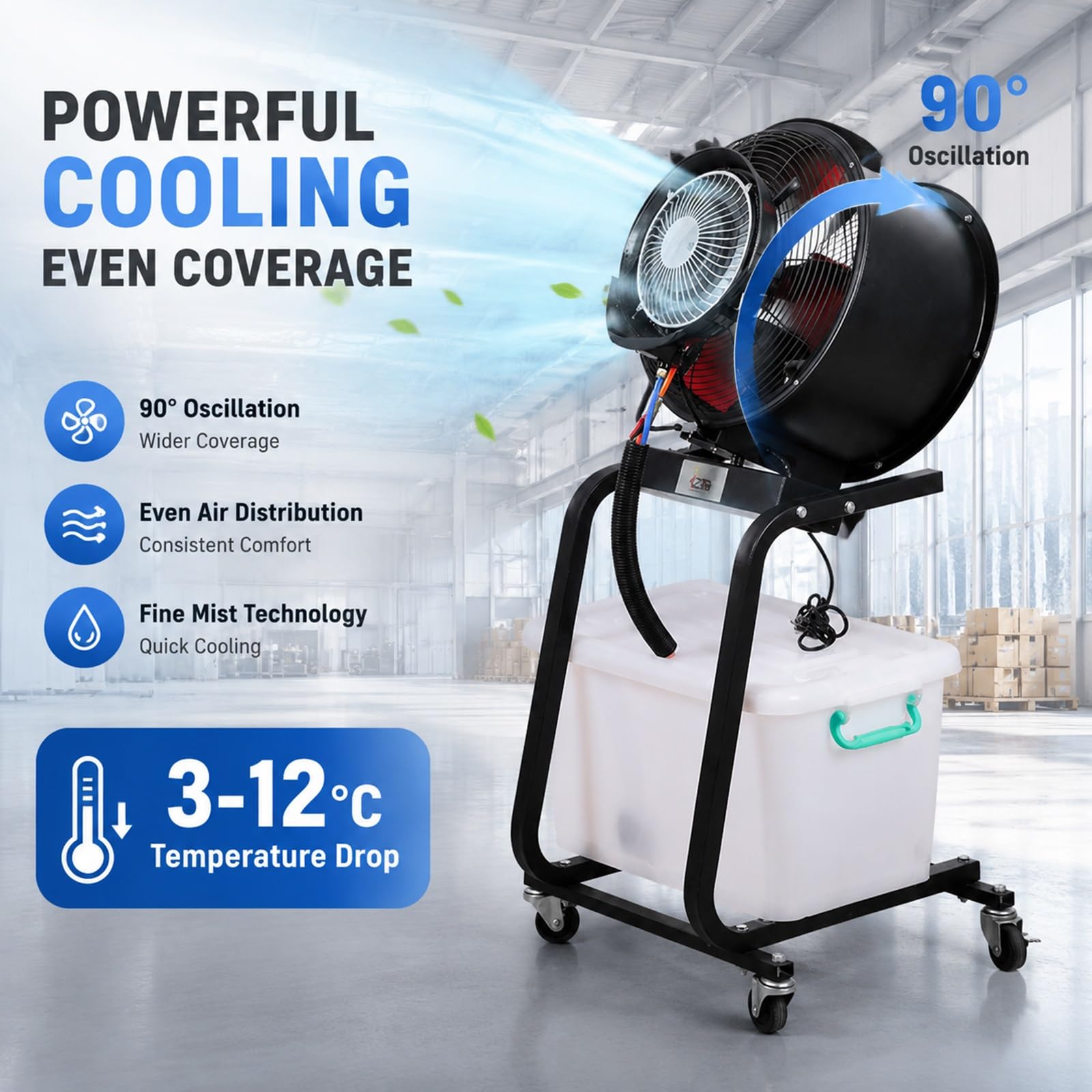 Ventilador Nebulizador Industrial Portátil para Uso Comercial | Depósito 50L, Ruedas 360°, Motor de Cobre, Oscilación 90°, Refrigeración Exterior y Comercial