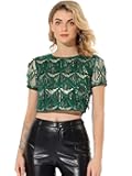 Women's Sequin Shiny Glitter Crop Top Christmas Short Sleeves Sexy Party Tassel T-Shirt