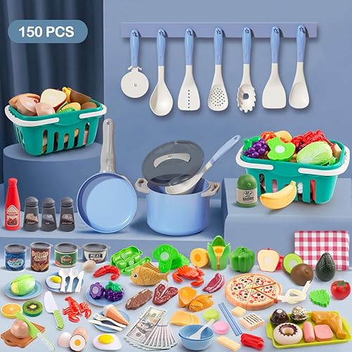 Miniatura 2 de JokerKing Juego de cocina de 150 piezas, accesorios de cocina para niños pequeños, alimentos, manta de picnic, frutas, verduras, paquete de 2 cestas