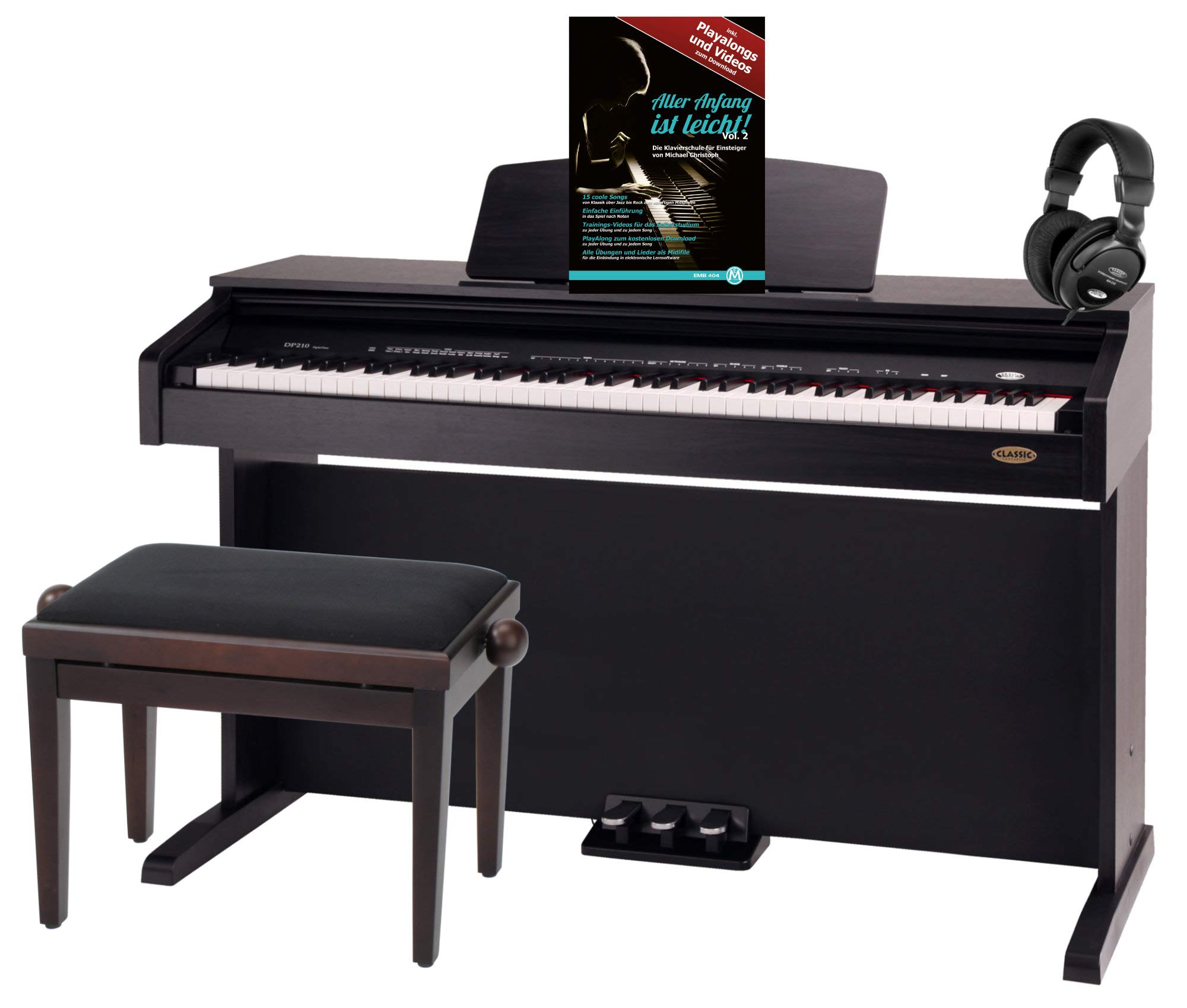 Classic Cantabile DP-210 RH E-Piano SET inkl. Bank, Kopfhörer, Schule (Digitalpiano 88 Tasten Hammermechanik, Kopfhöreranschlüsse, USB, Metronom, 3 Pedale, Piano für Anfänger, inkl. Noten) Rosenholz