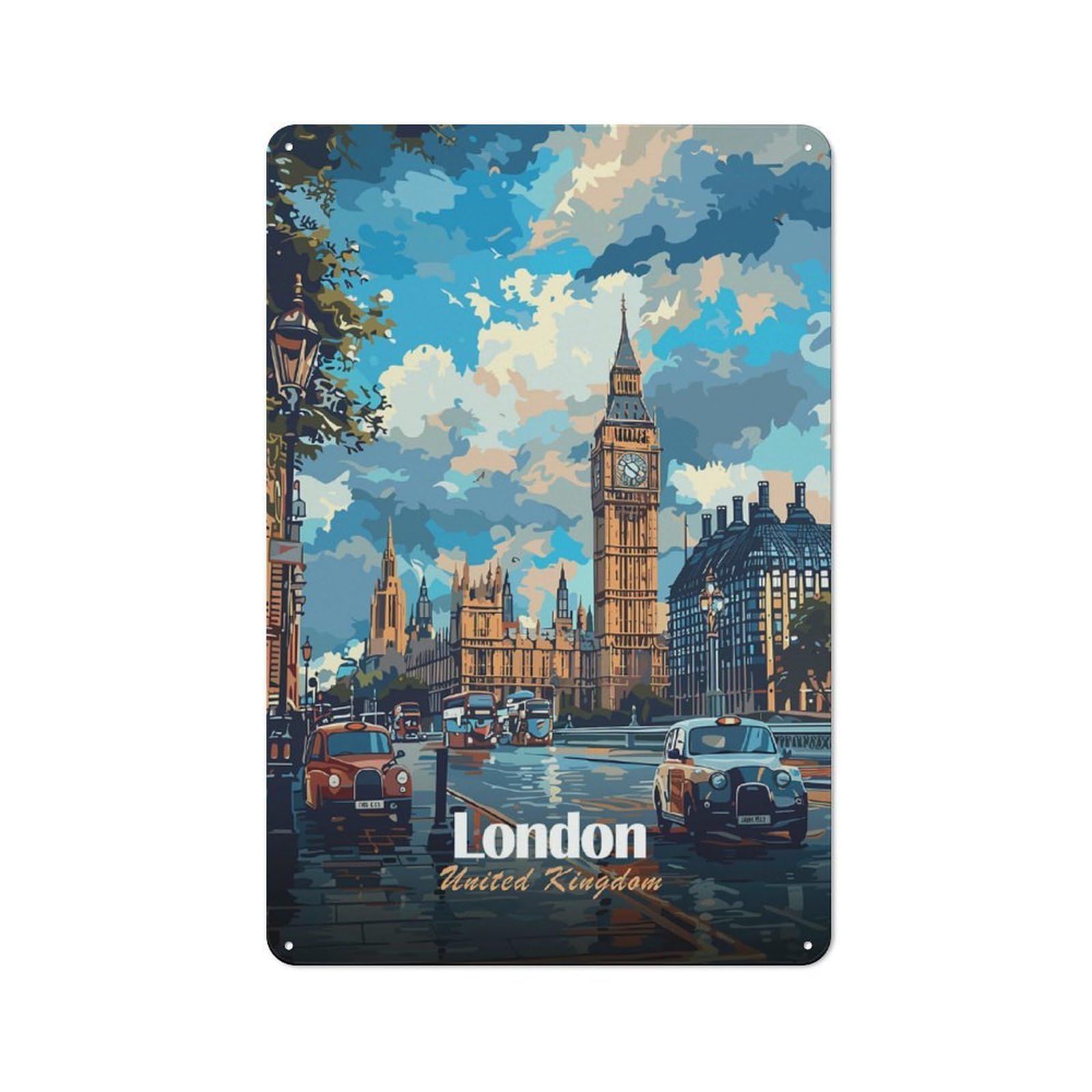 London, United Kingdom Cityscape Country Metal Wall Decor 30x20cm, Tin Wall Plaque for Cottage, Kitchen, Hallway Or Breakfast Nook