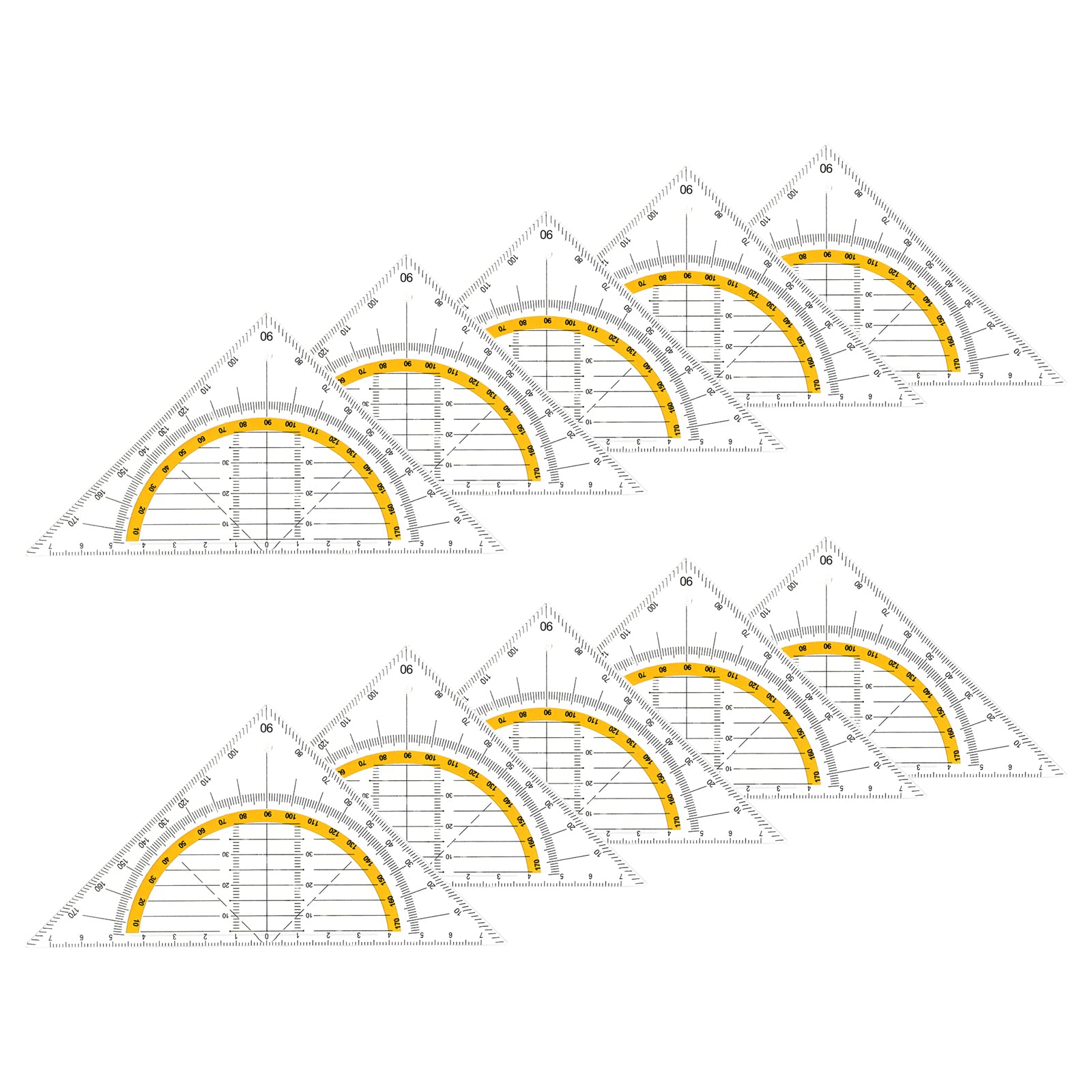 RYAN 12 stuks geometrische driehoek met handvat, 15 cm, geodriehoek van kunststof, transparant, flexibele geodriehoek voor cirkels, tekenen, voor school, kantoor, studenten