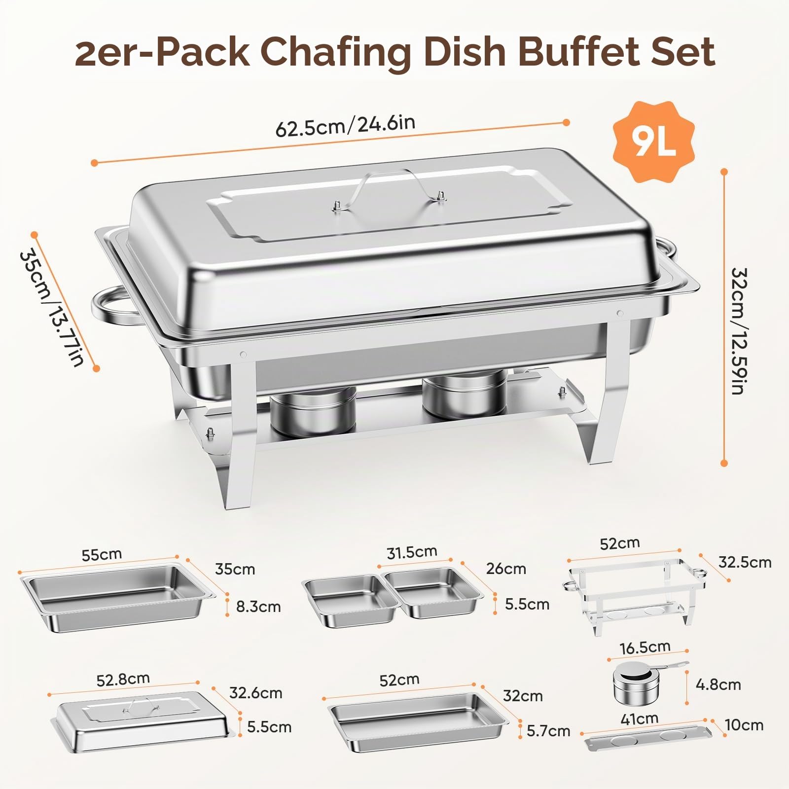 Chafing Dish 2er Set – Warmhaltebehälter Essen aus Edelstahl, Speisenwärmer mit 4X 1/2 GN + 2X 1/1 GN Behältern, Buffetwärmer für Party, Catering & Buffet – inkl. Brenner & Gestell