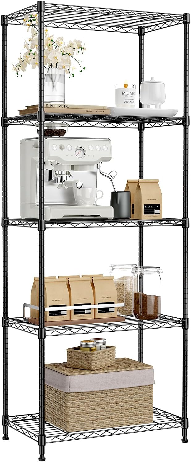 IZEUK 5-Tier Black Metal Storage Shelves, Adjustable Wire Shelving Unit for Kitchen, Bathroom, Pantry, Office, Garage, Organizer Wire Rack, 1250 lbs, 13.7" D x 23.6" W x 53.4" H 5 Tier, 13.7" D x 23.6" W x 62.4" H Black