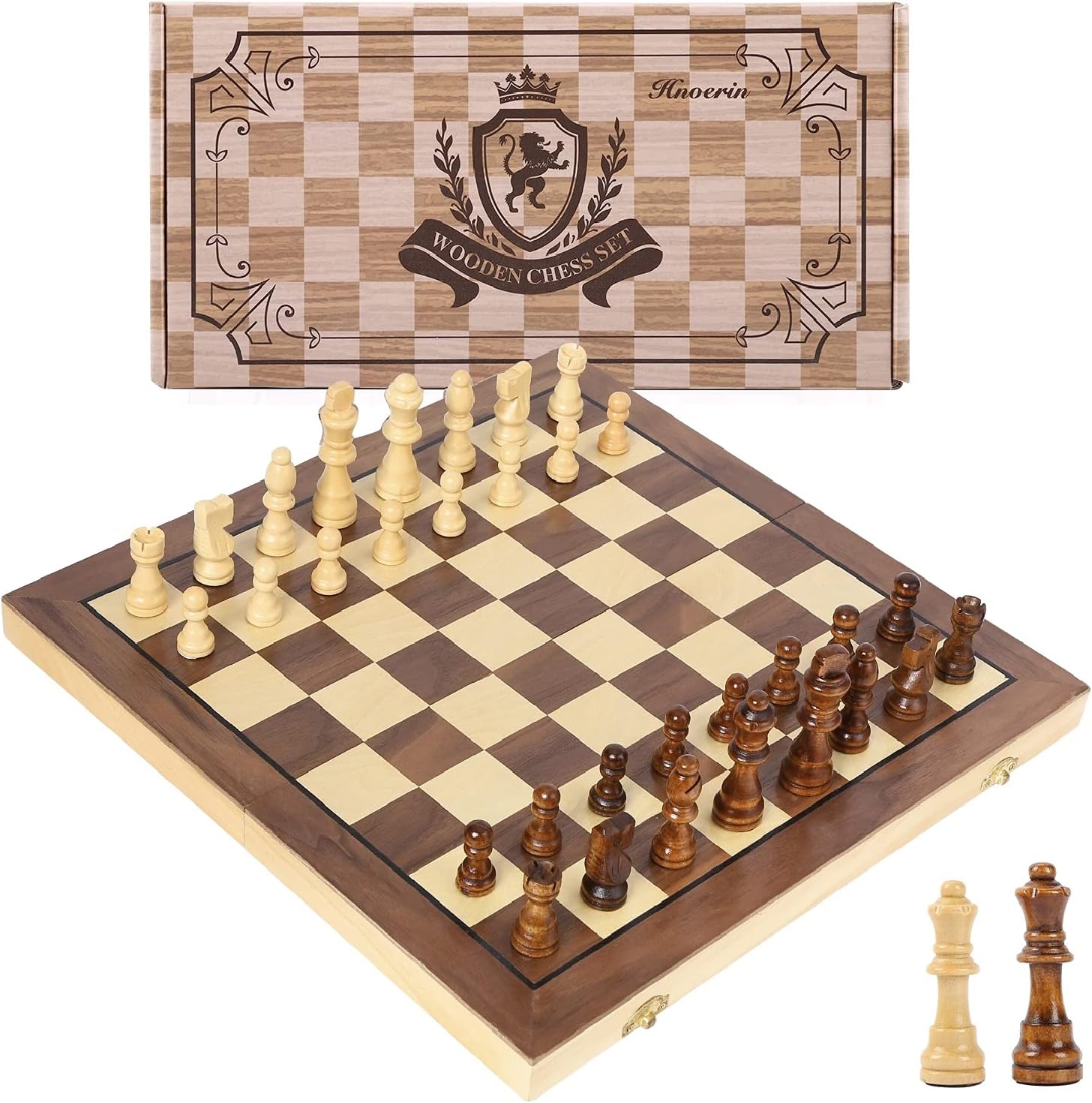 15 Inches Magnetic Chess Set Large Folding Wooden Chess Board Handmade Staunton Style Chess Pieces Interior Storage for Pieces