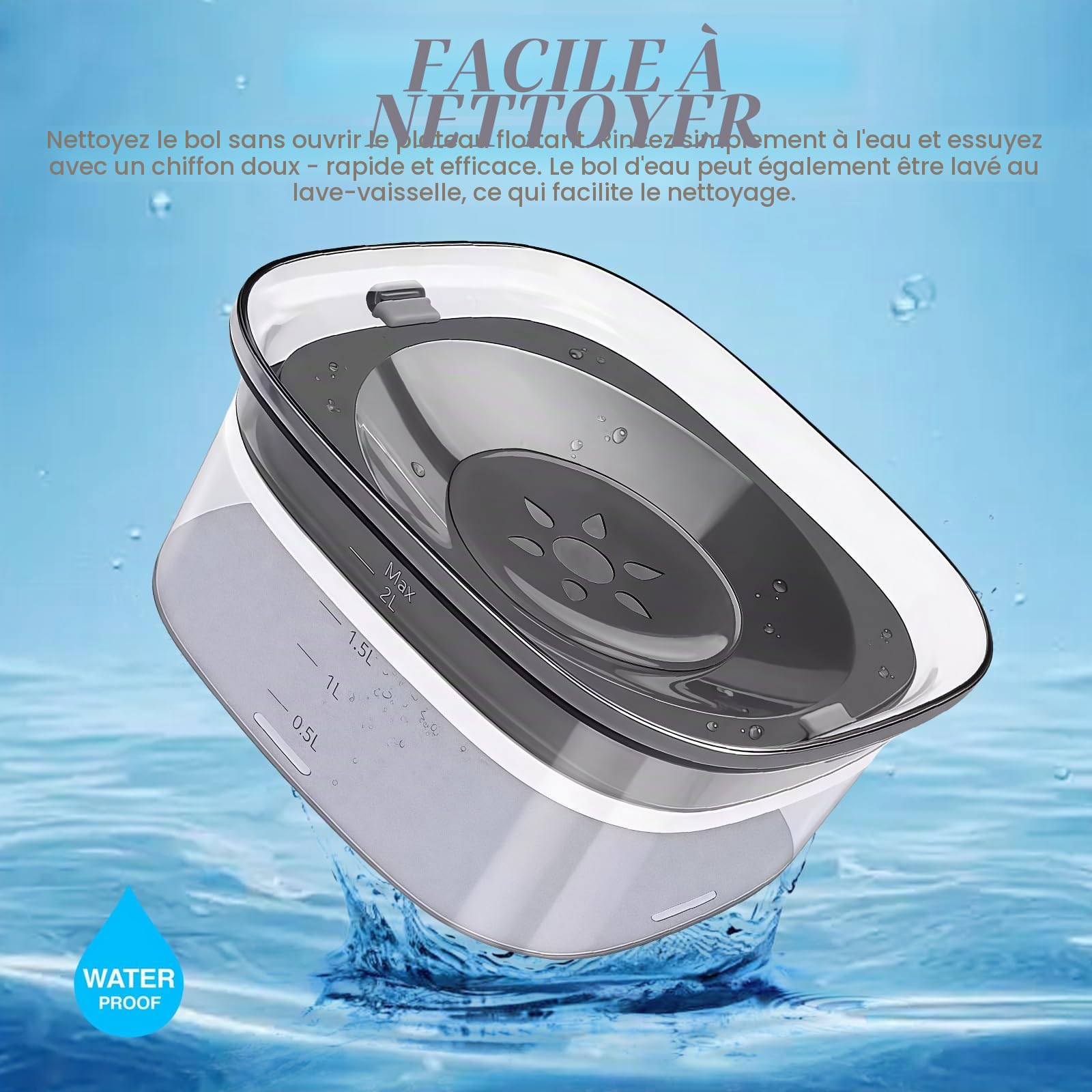 Gamelle d'eau sans renversement pour chiens : LEKEFETO 2L sans bavure, gamelle d'eau pour chien, chats et animaux domestiques, anti-fuite et antidérapante, transparente