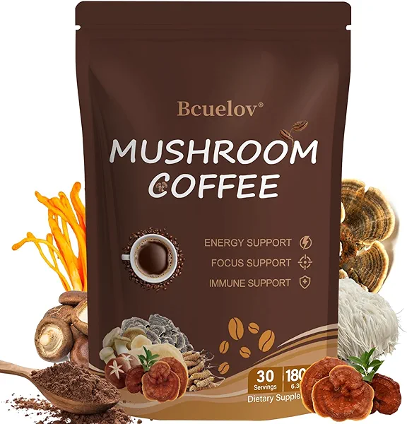Mushroom Coffee, Instant Mushroom Coffee Powder with 6 Adaptogenic Mushrooms (Cordyceps, Lion’s Mane, Shiitake, Turkey Tail) and MCT Oil for Better Energy, Focus, Digestion & Immune Support - 30 Servings