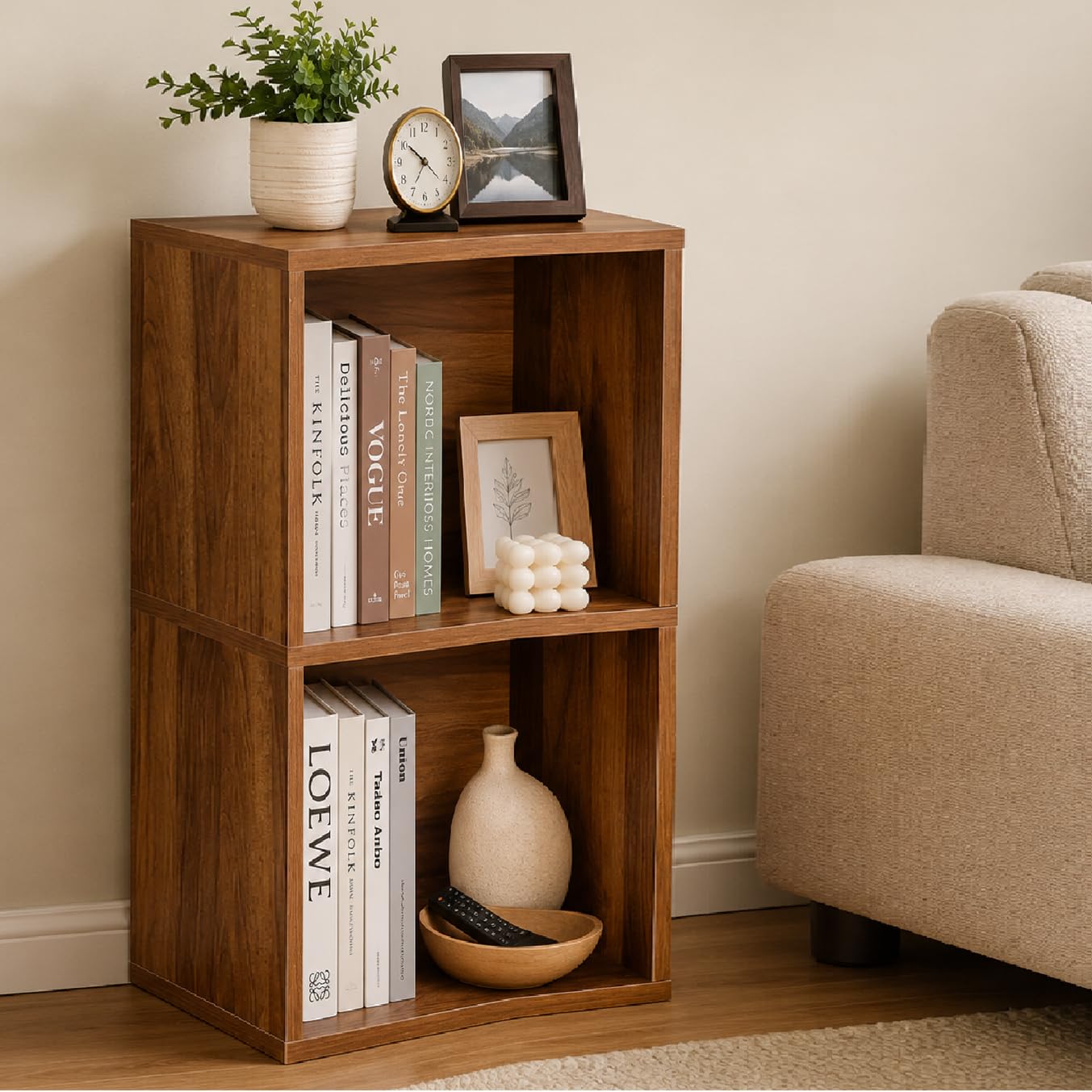 2 Cube Storage Organizer Wooden Bookshelf, 2 Cube Shelf Bookcase, Small Bookshelf Storage Organizer, 2 Cube Storage Shelf for Bedroom, Small Bookshelf for Living Room and Office (Brown)