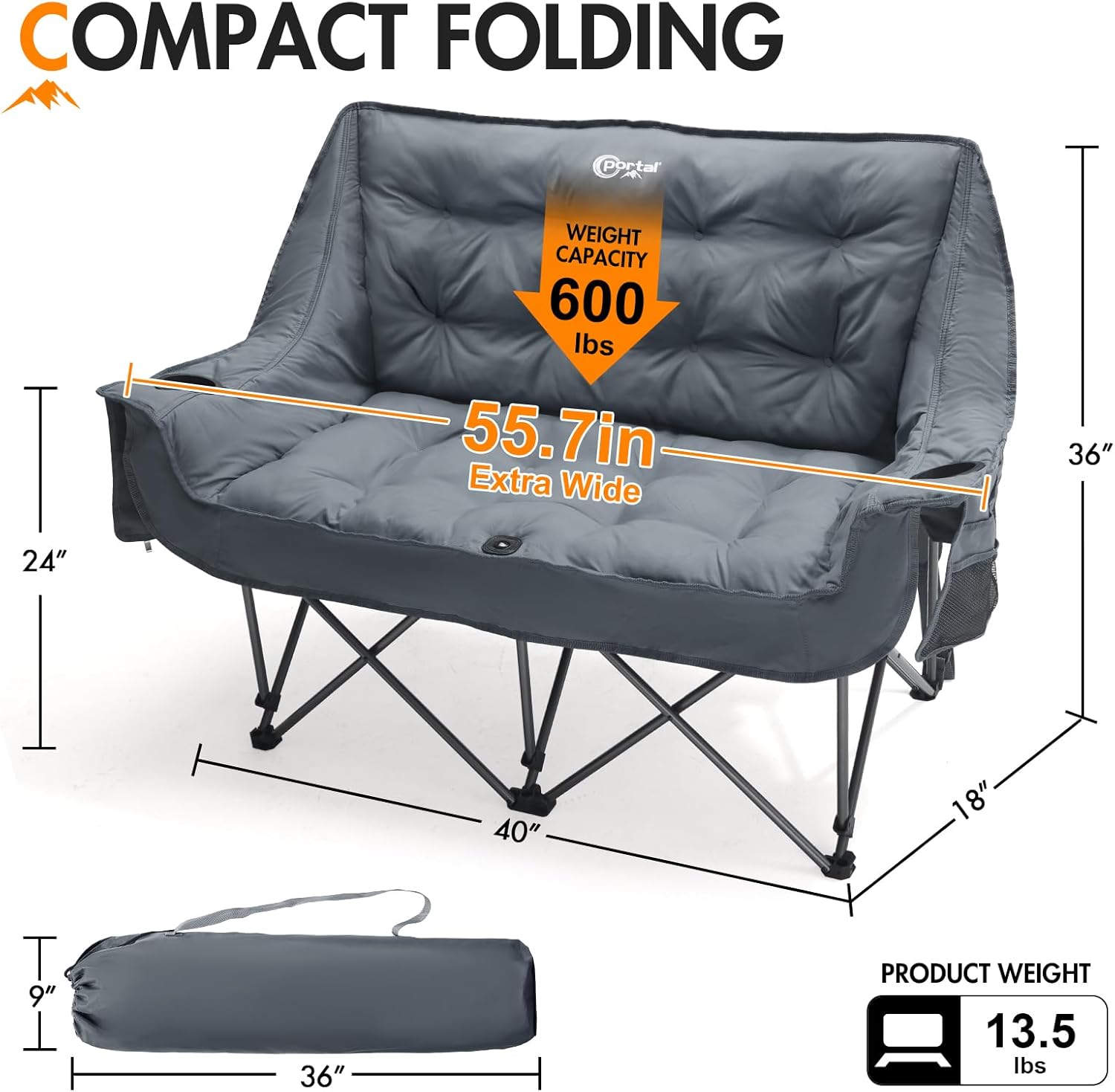 Portal Double Camping Chair, 2 Person Folding Loveseat for Adults, Padded Cushion Camp Lawn Love Seat with Side Pocket Portable Couch, Two Person Heavy Duty Wide Chairs with Cup Holder, 600 lbs - Image 3