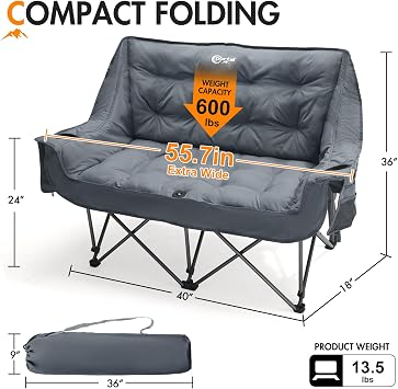 Portal Double Camping Chair, 2 Person Folding Loveseat for Adults, Padded Cushion Camp Lawn Love Seat with Side Pocket Portable Couch, Two Person Heavy Duty Wide Chairs with Cup Holder, 600 lbs