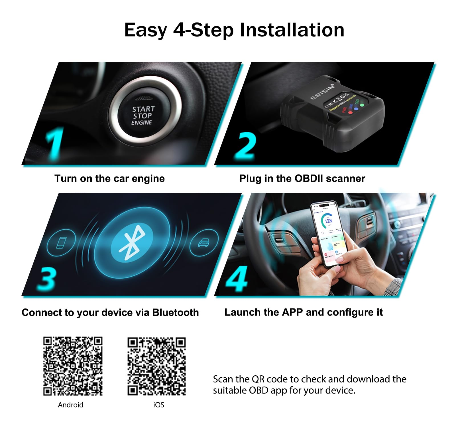 Erisin Mini Scanner OBD2 Bluetooth V1.5 – Lettore Diagnostico Per Auto Android, Windows E Torque – Adatto Per Autoradio Erisin E Smartphone