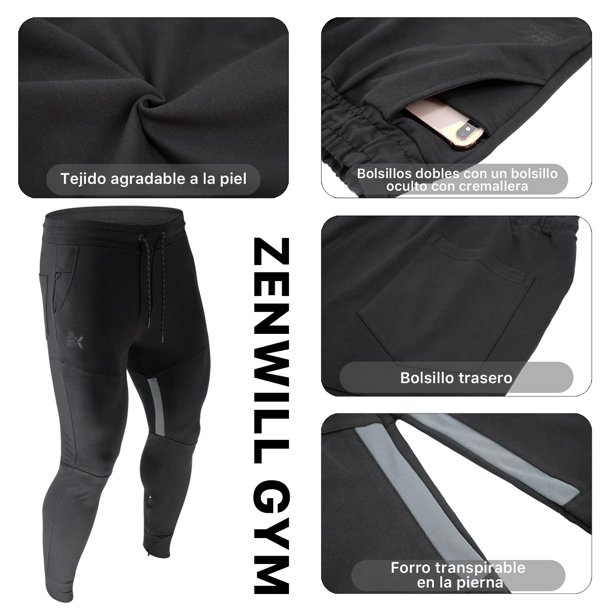 ZENWILL Kieszenie na zamek błyskawiczny spodnie mesh dres męskie długie spodnie bawełniane siłownia męskie sportowe joggery