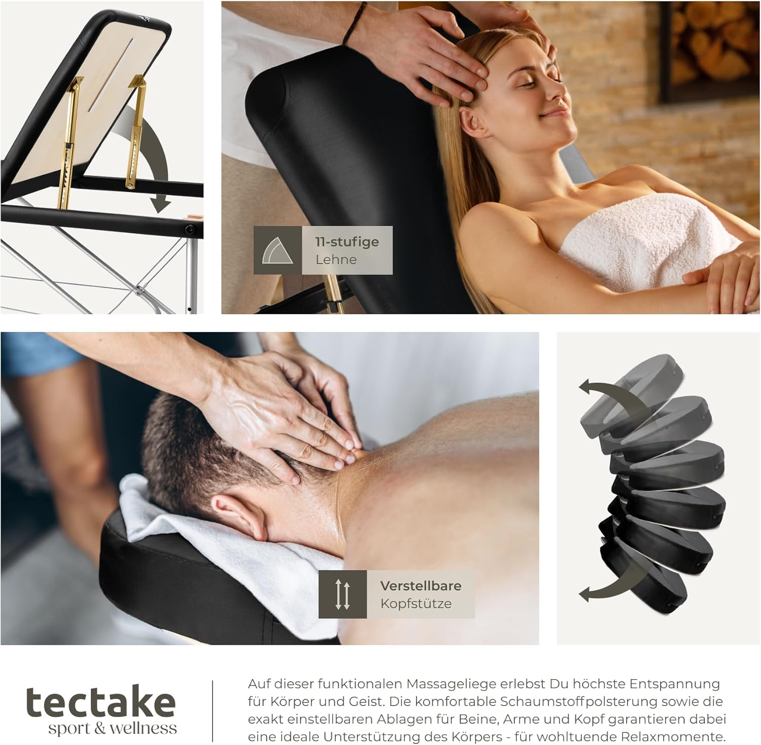 tectake® Massageliege, klappbar, höhenverstellbar, Massagetisch mit 3 Zonen, Massagebank, Kosmetikliege inkl. Zubehör Tasche, Voll- und Halbrolle, Möbel für Kosmetik, Massage, Tattoo - schwarz