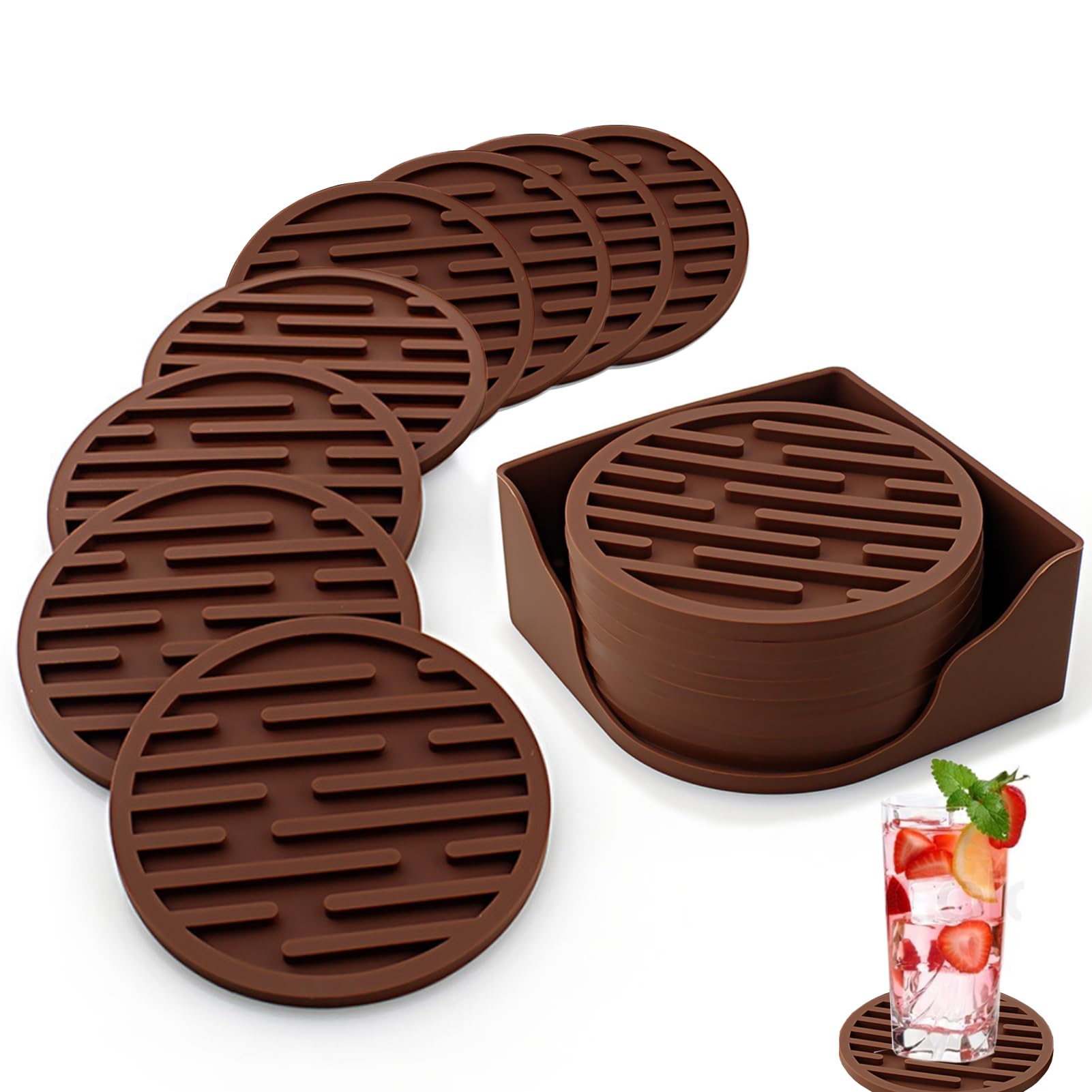 Coasters, Coasters Set of 8PCS, Drink Coasters for Cold and Hot Drinks, Silicone Coasters with Coaster Holder, Cup Coasters for Wine Glasses of Different Sizes and Other Beverage Glasses