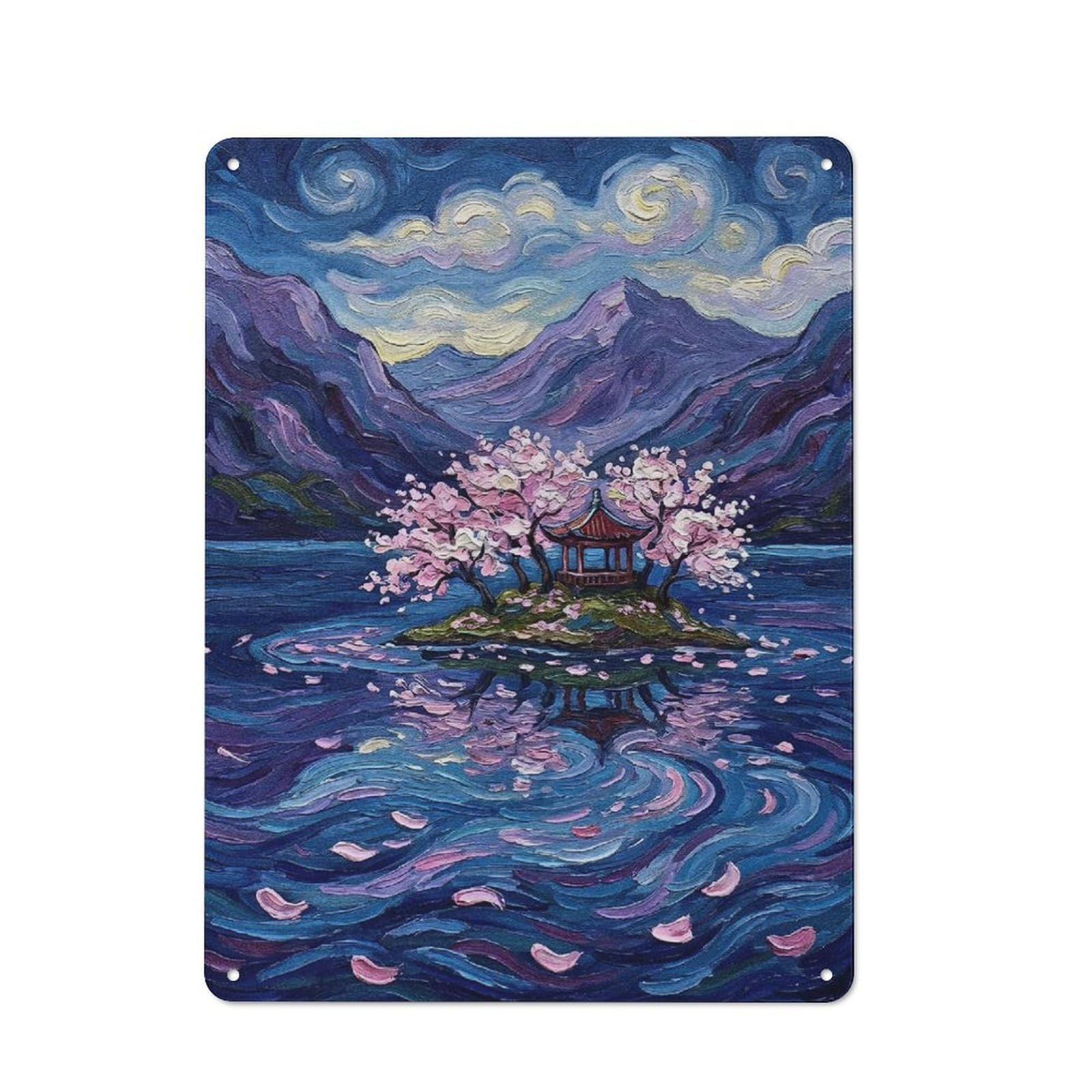 Junmoney Style-3 Metal Sign 40X30cm With Pagoda Island With Cherry Blossoms For Hallway Wall, Retro Decor, Gift For Hallway Decor Lovers During The Christmas Season