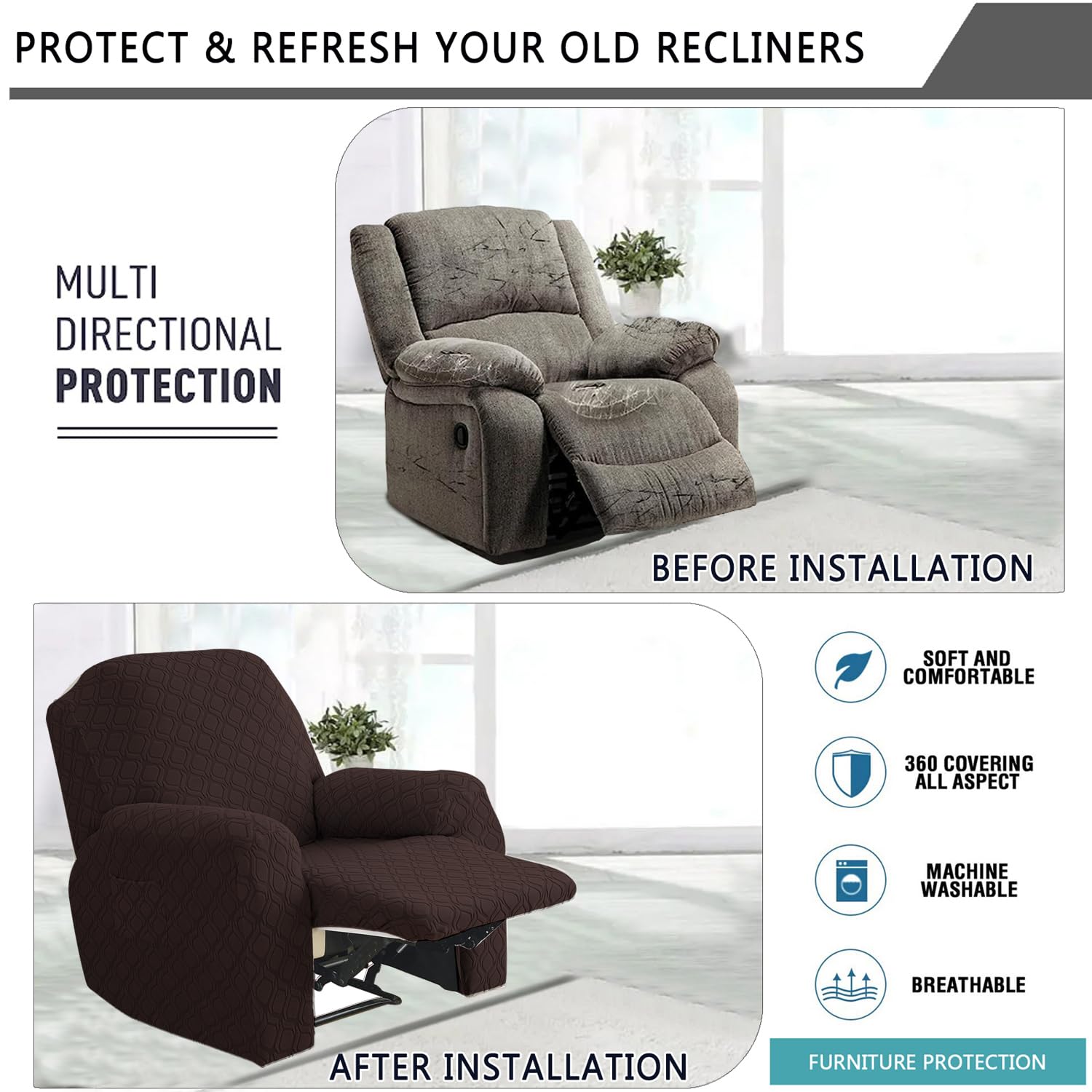 Topchances Super Soft Recliner Cover - Stretch Recliner Chair Cover with Side Pocket, Furniture Protector (Jacquard Coffee) - Image 4