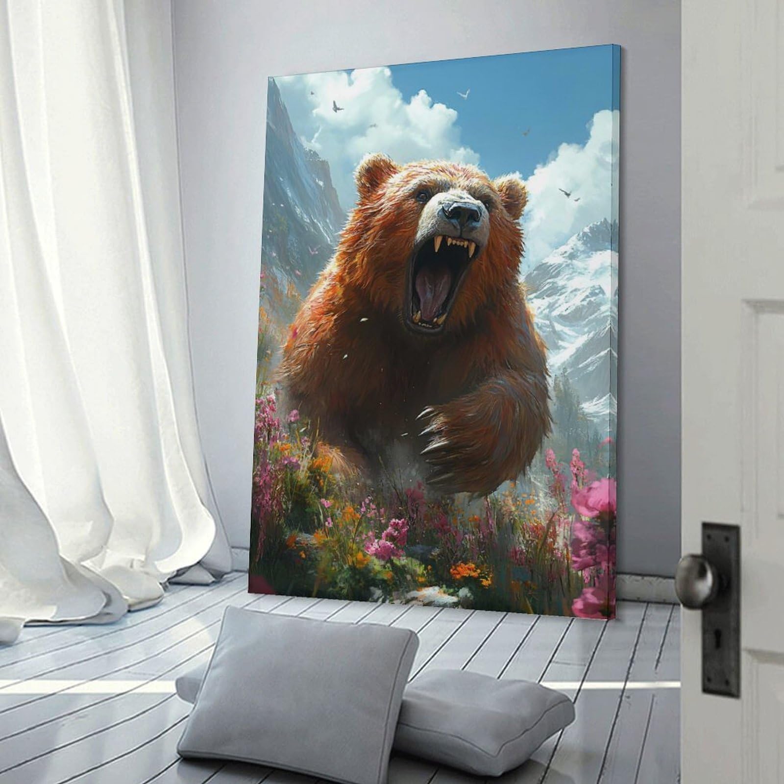 Junmoney Frame-Style-8 Canvas Wall Picture Roaring Bear In Mountain Landscape, 24X36inch(60X90cm), For Bedroom, Lounge Or Dressing Area, Stylish Decor For A Restful Room Update