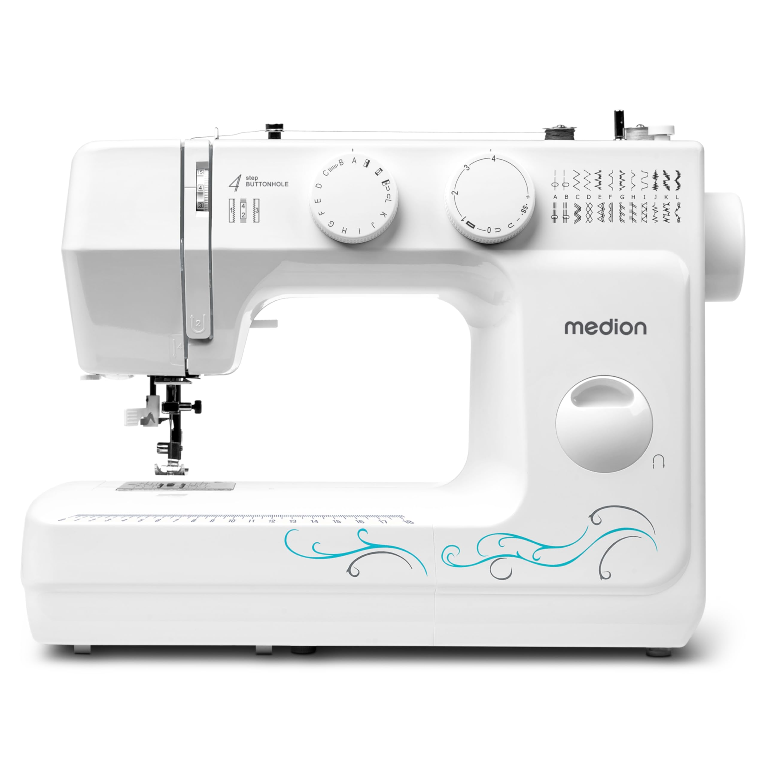 MEDION Freiarm-Nähmaschine MD 18205, 60 verschiedene Stichmuster, Knopfloch- und Einfädelautomatik, LED-Nählicht, umfangreiches Zubehör